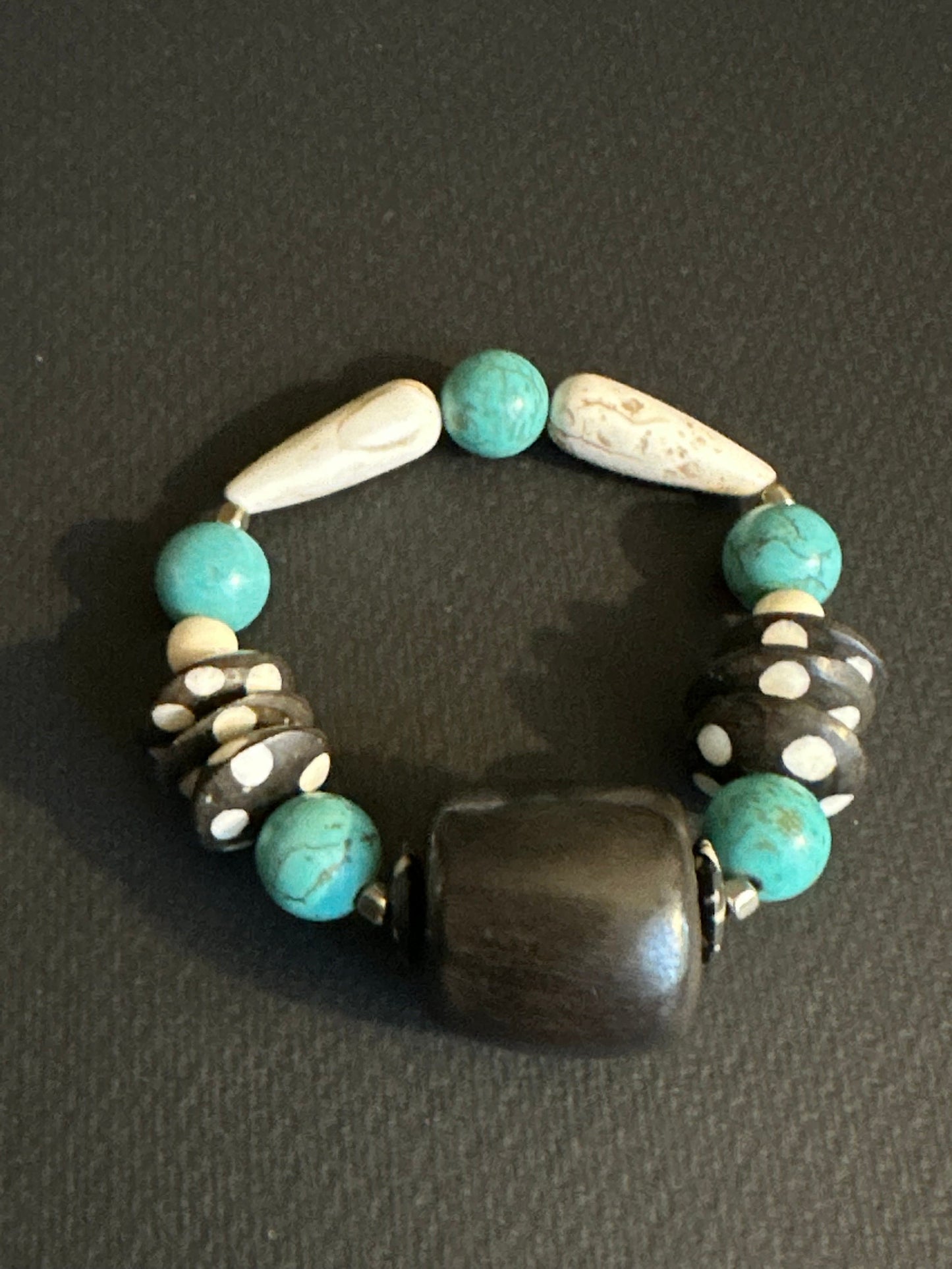 Turquoise Colored Brown and Cream Large Chunky Beaded Bracelet