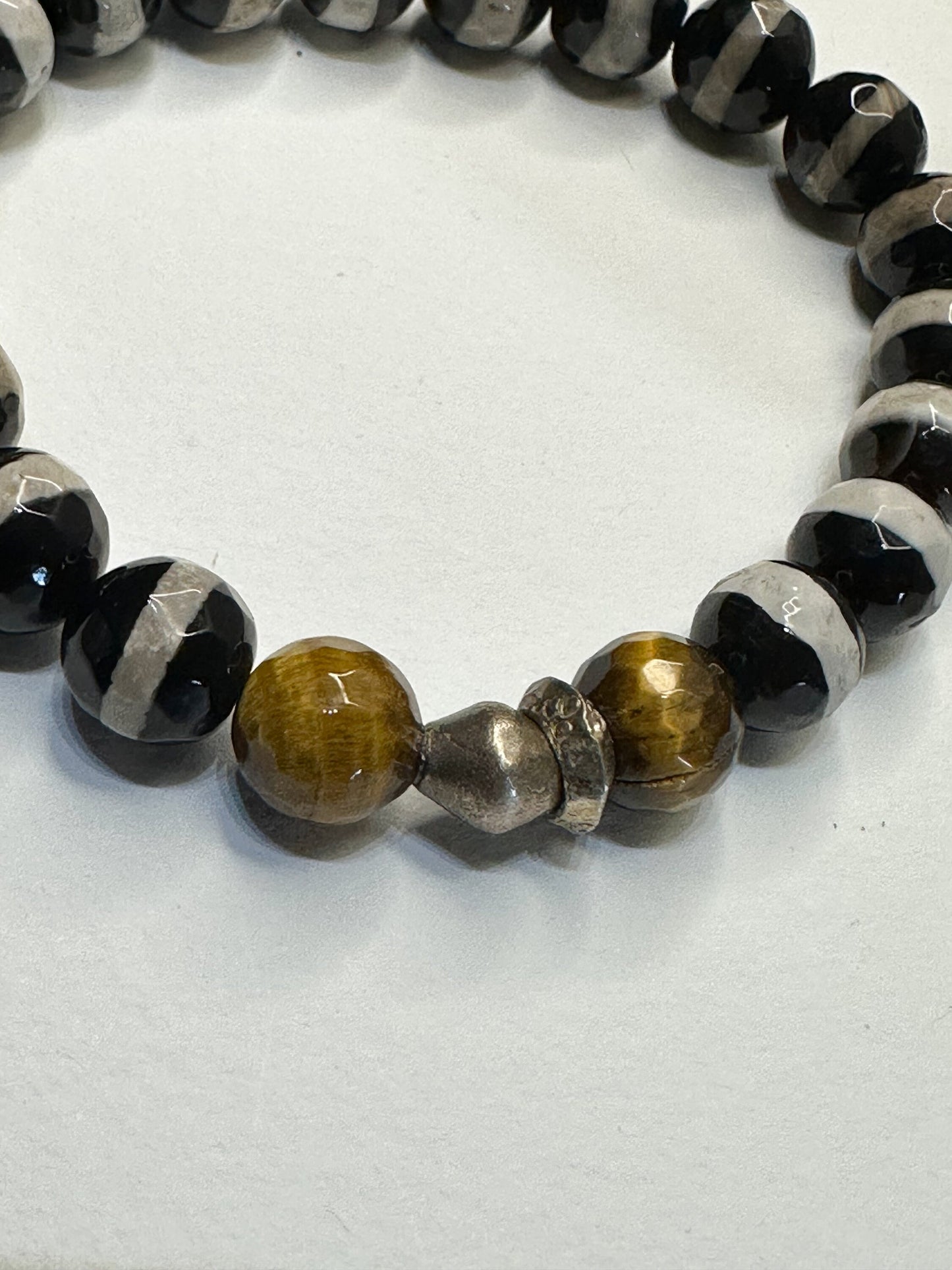 Unisex Black and White Agate with Tiger’s Eye and Ethiopian Silver Accent Beads for Women and Men