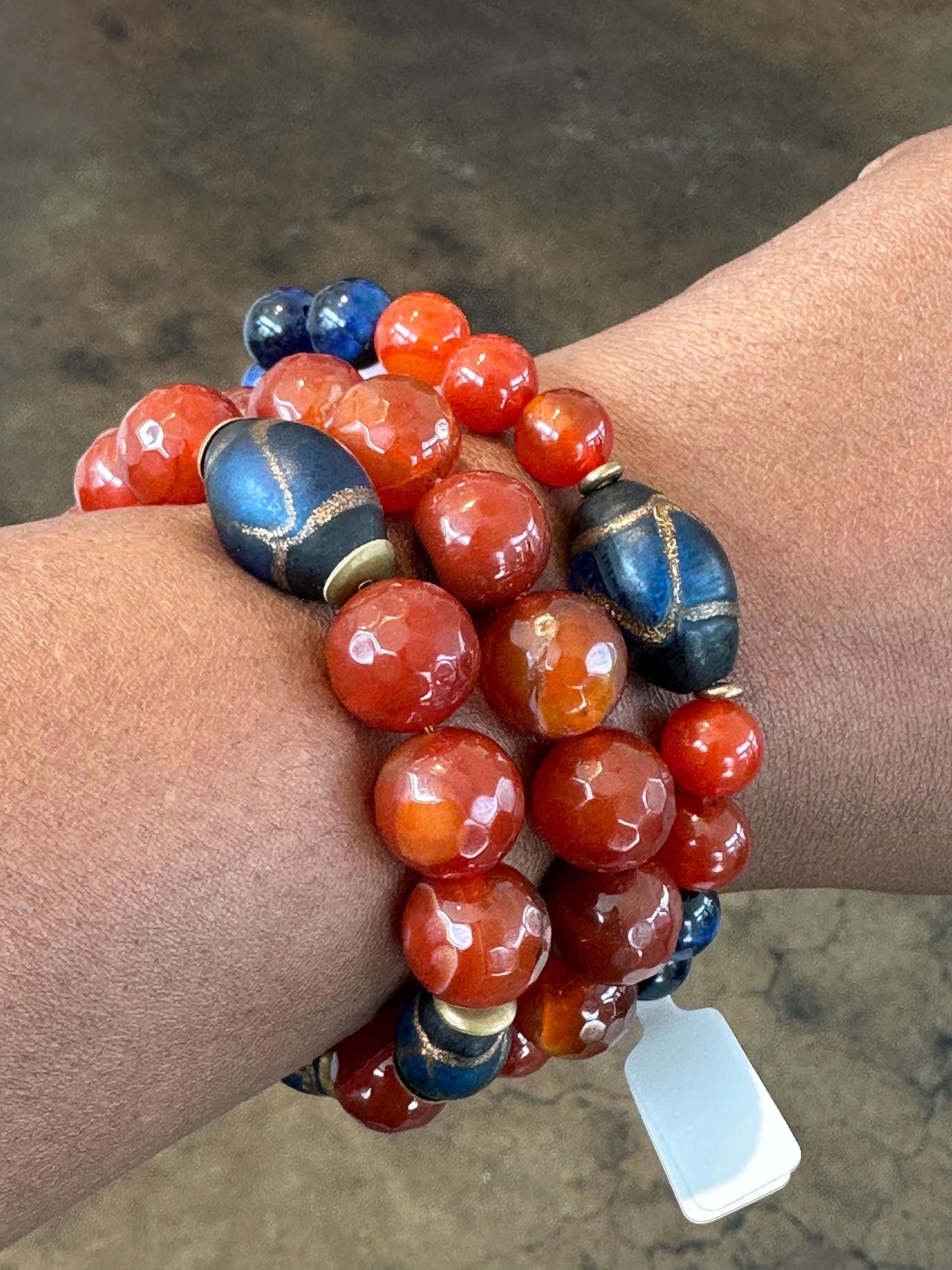 Blue and Orange Gemstone Beaded Bracelet Set