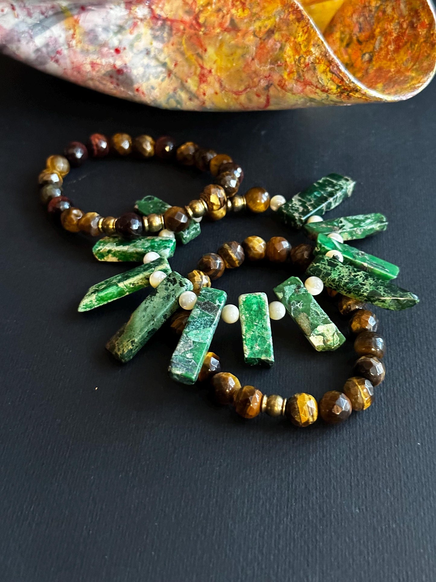 Earthy Roots- A blend of Tiger’s Eye and Jasper Bracelets with Tribal Inlaid Brass Focal Bead