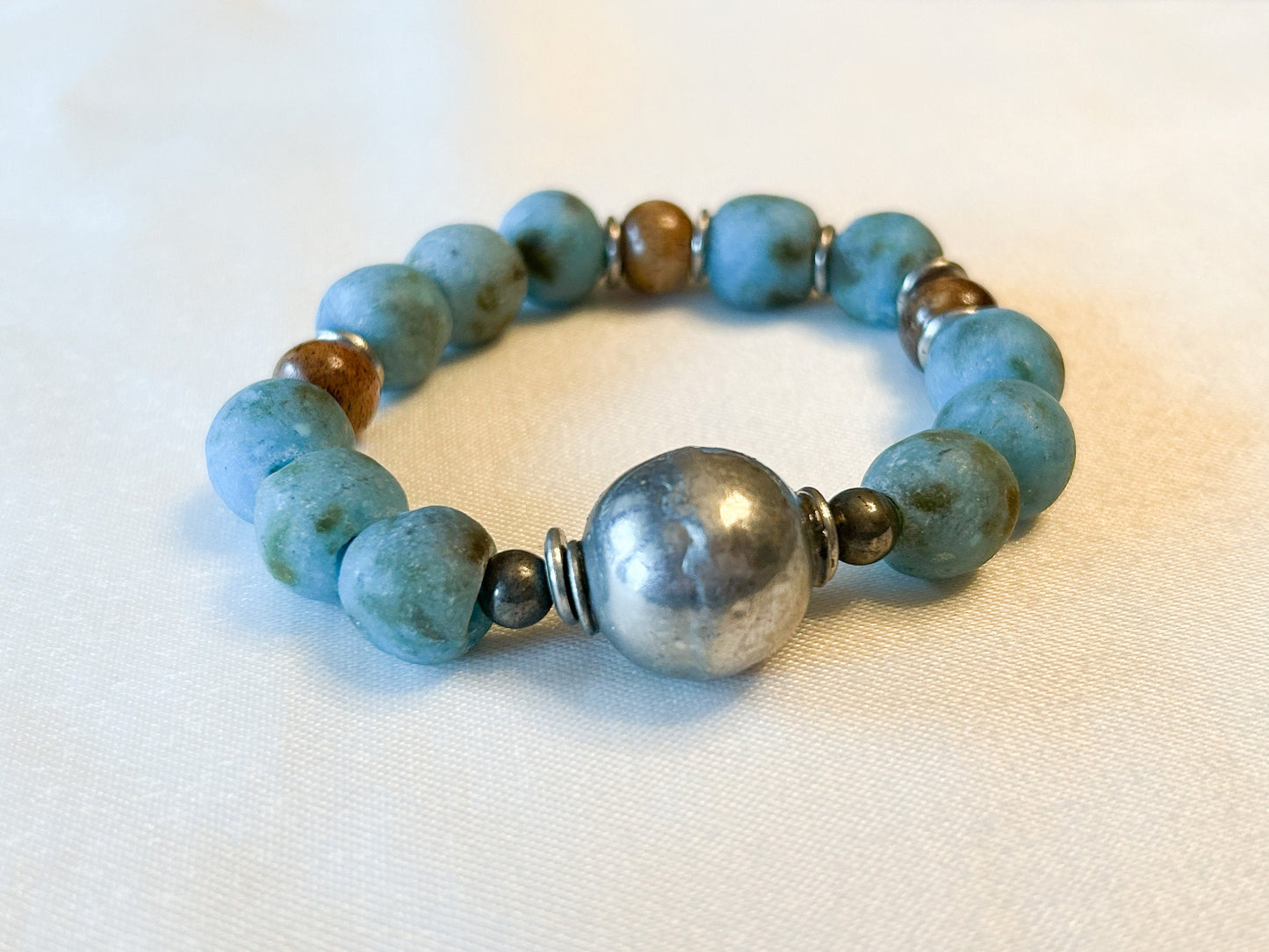 Vintage Turquoise Colored Recycled Glass and Brown Wood Bracelet