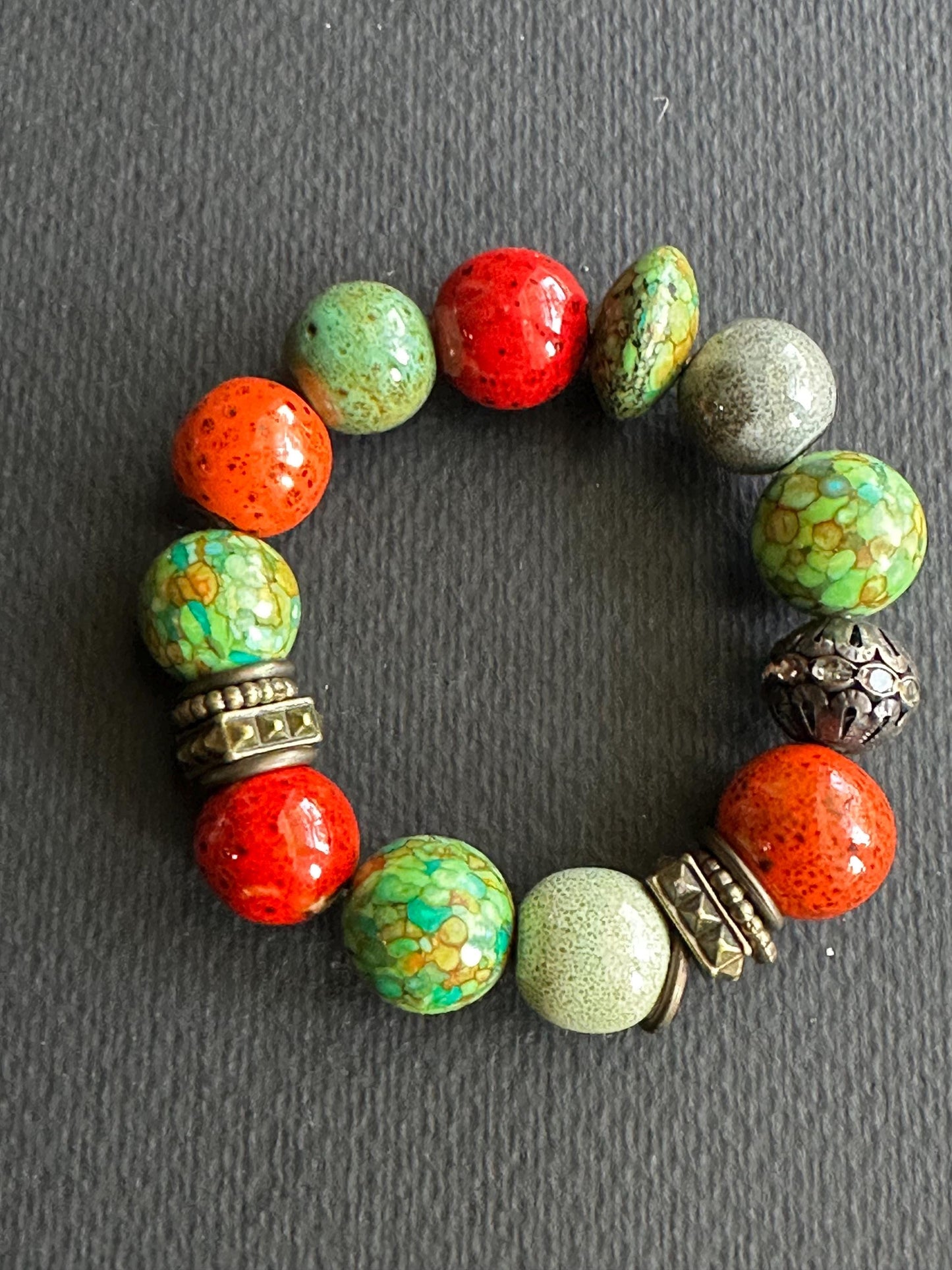 Green, Red & Orange Ceramic and Metal Unisex Bracelet