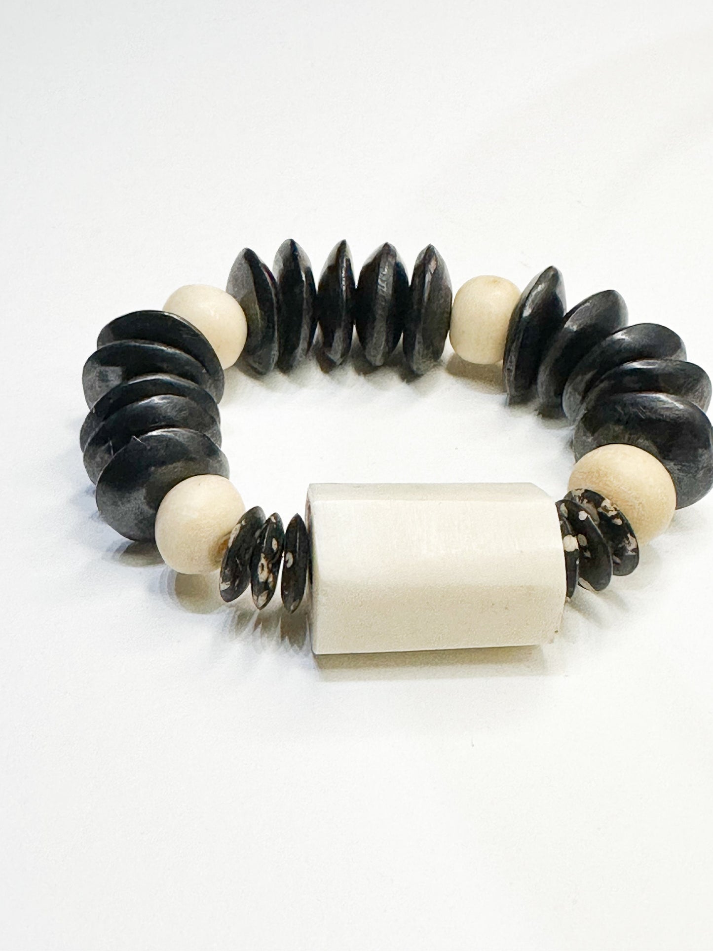 Crème Barrel Bone Focal Beas With Wood Bone Saucer Bone and Rondelle Beads OOAK