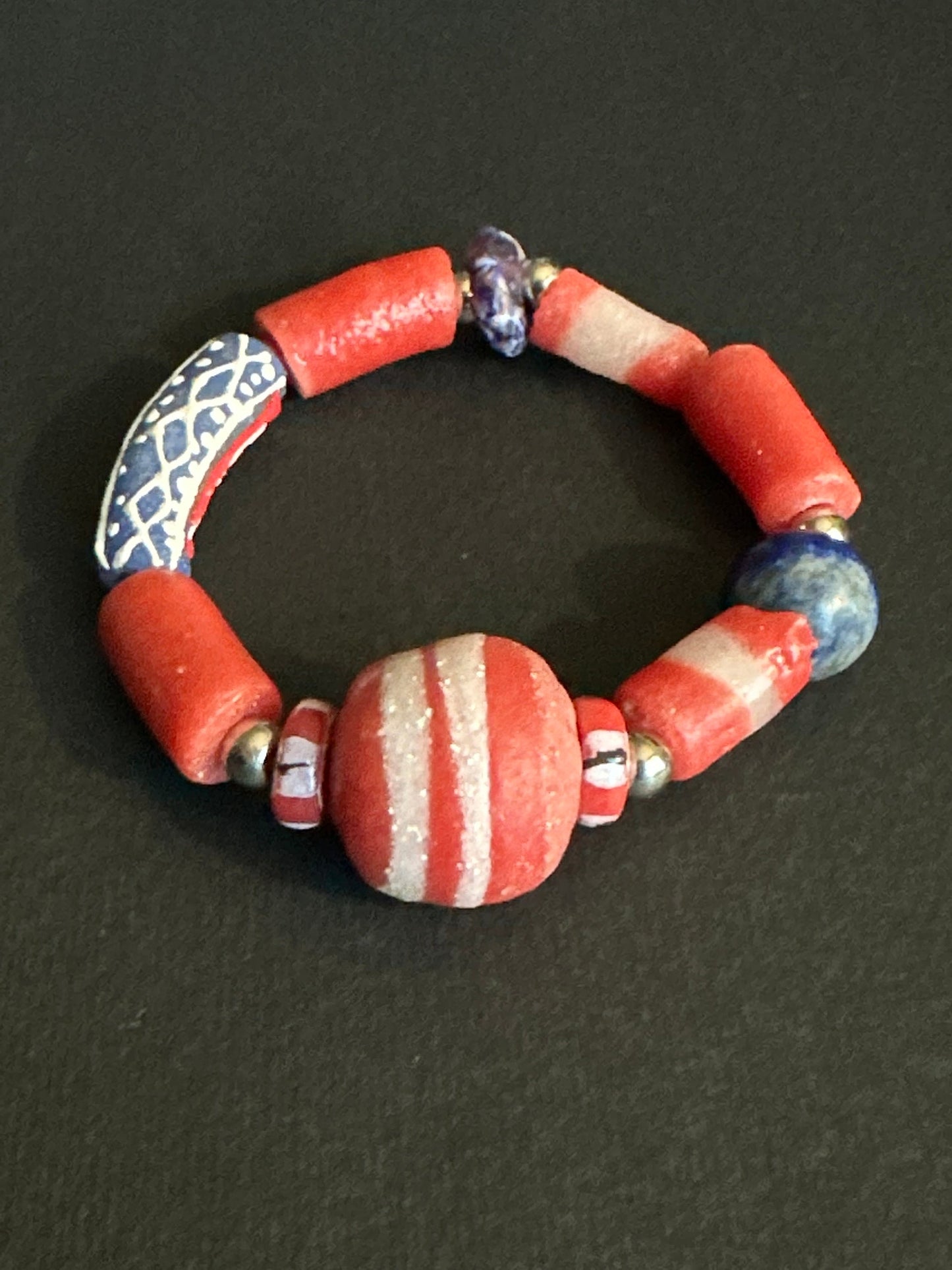 Red White and Blue Recycled African Glass Krobo Beaded Bracelet-Unisex