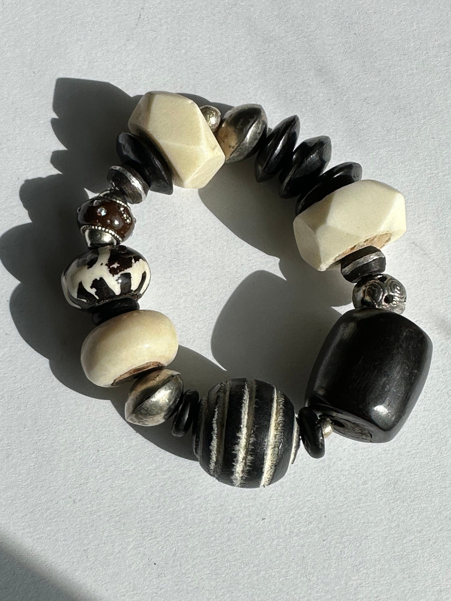 Large Batik Barrel Bone Focal Beaded Bracelet with Wood Saucer Round Faceted and Sauce White Bone Beaded Bracelet