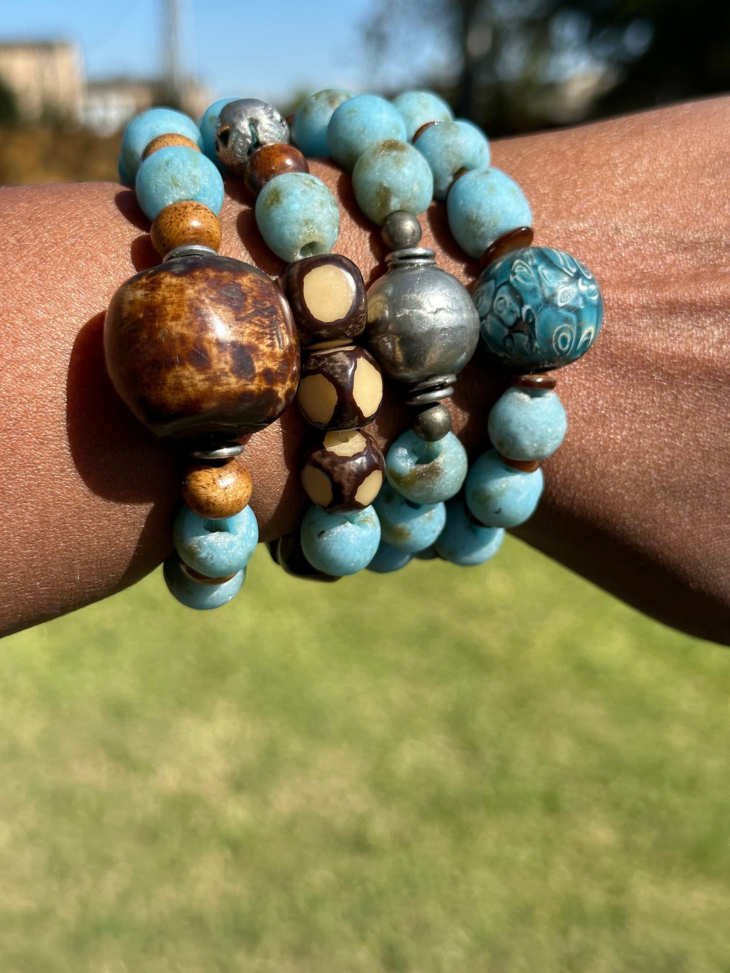 Vintage Turquoise Colored Recycled Glass and Brown Wood Bracelet