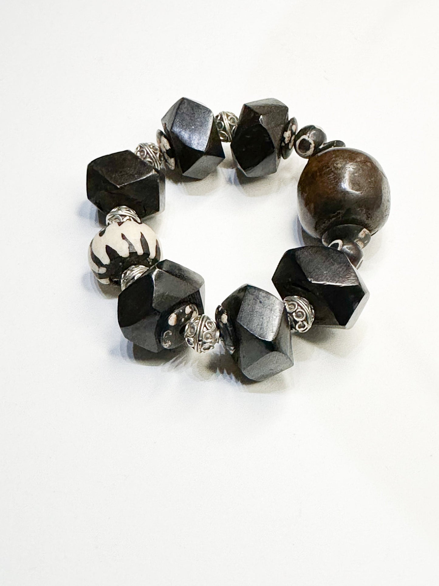 Faceted Wood Unisex Tribal Bracelet with Brown and Silver Berber Accent Beads