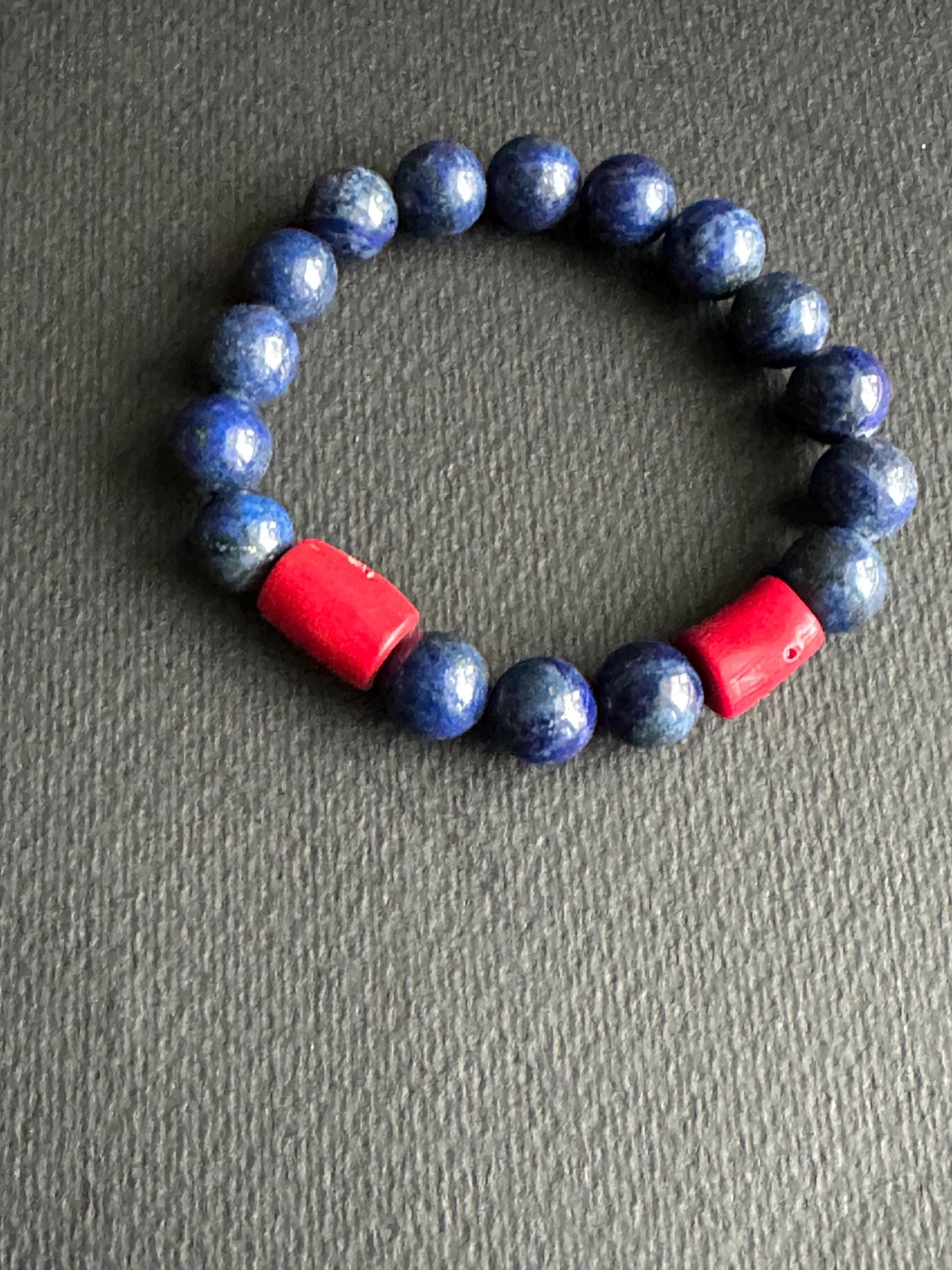 Lapis and Dyed Red Coral Unisex Beaded Bracelet