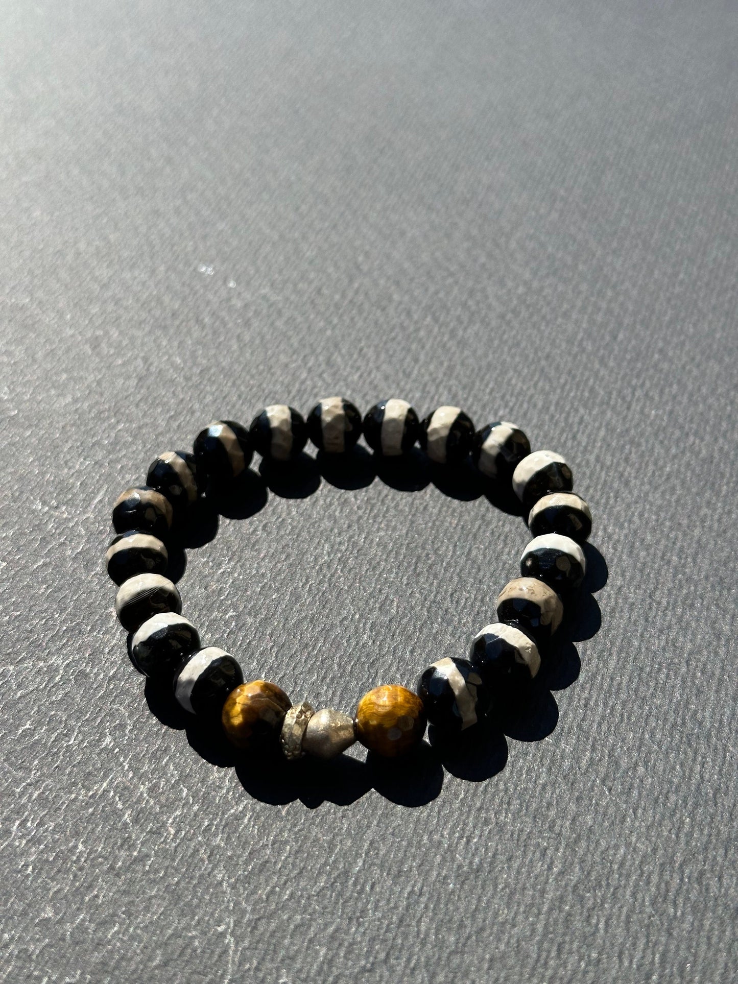 Unisex Black and White Agate with Tiger’s Eye and Ethiopian Silver Accent Beads for Women and Men