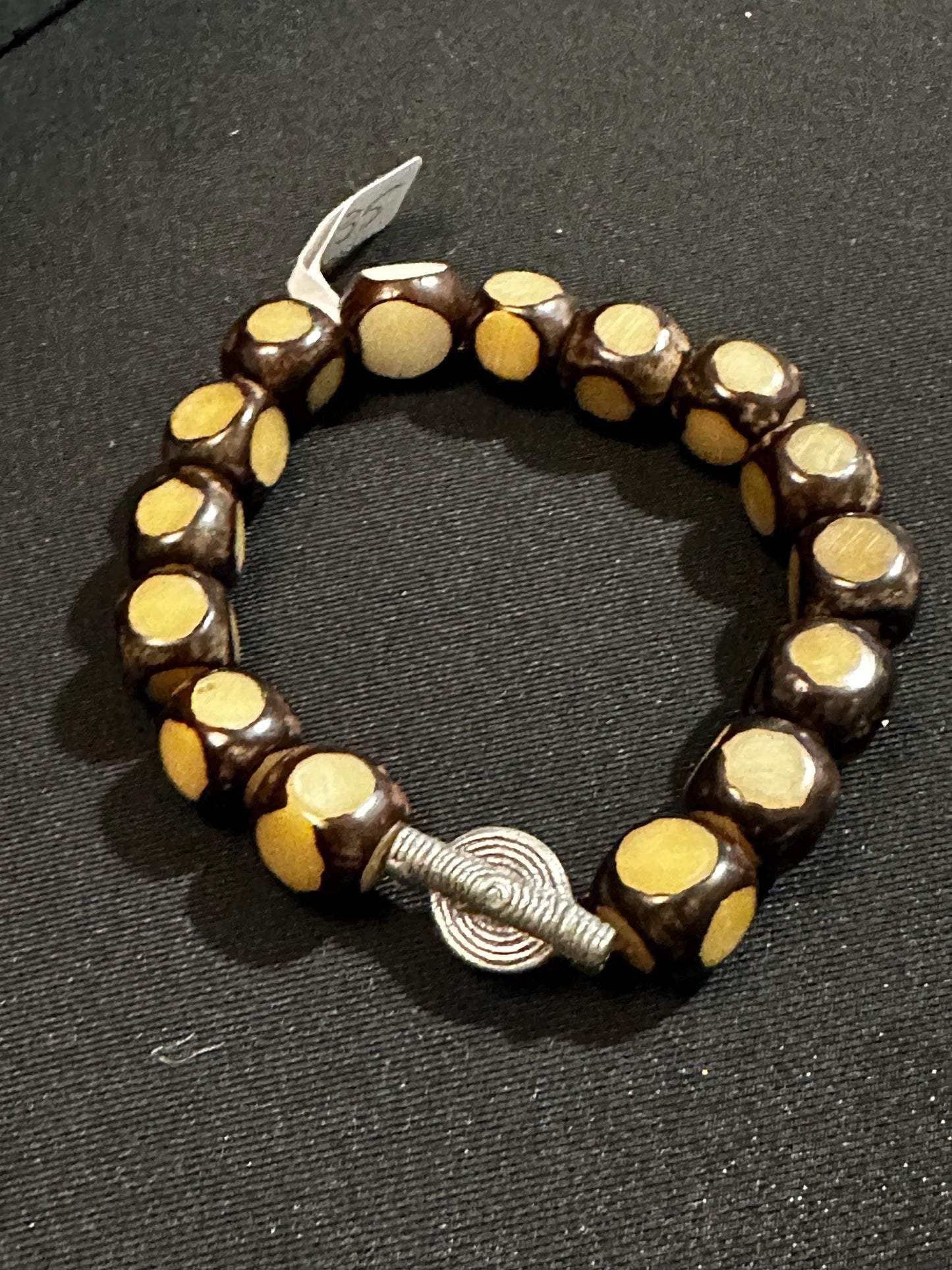 Carved Nut Wood Faceted Beaded Bracelet