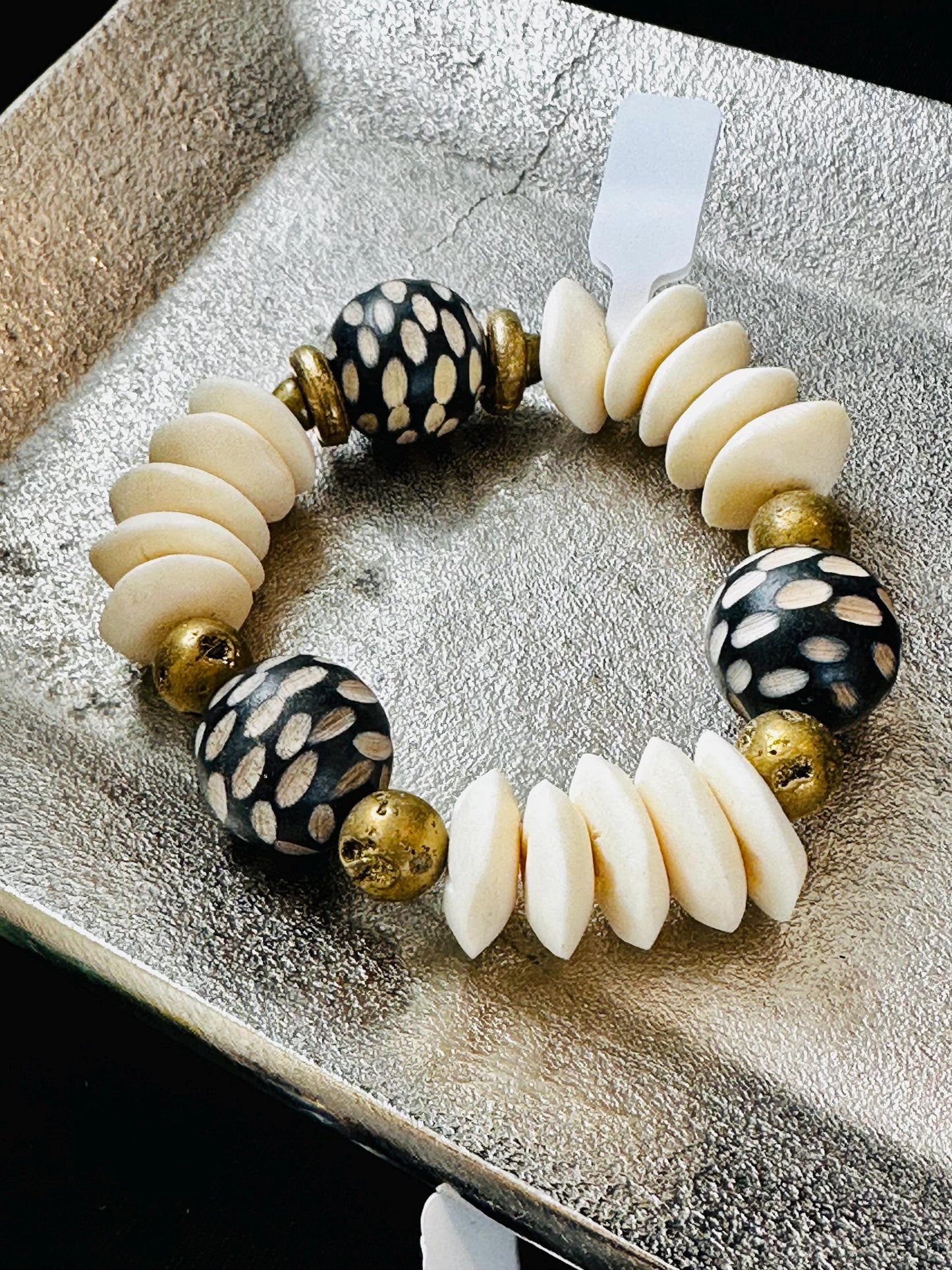 Black and Cream Carved Philippine Wood Beads with Saucer Bone and Brass Filigree Beads