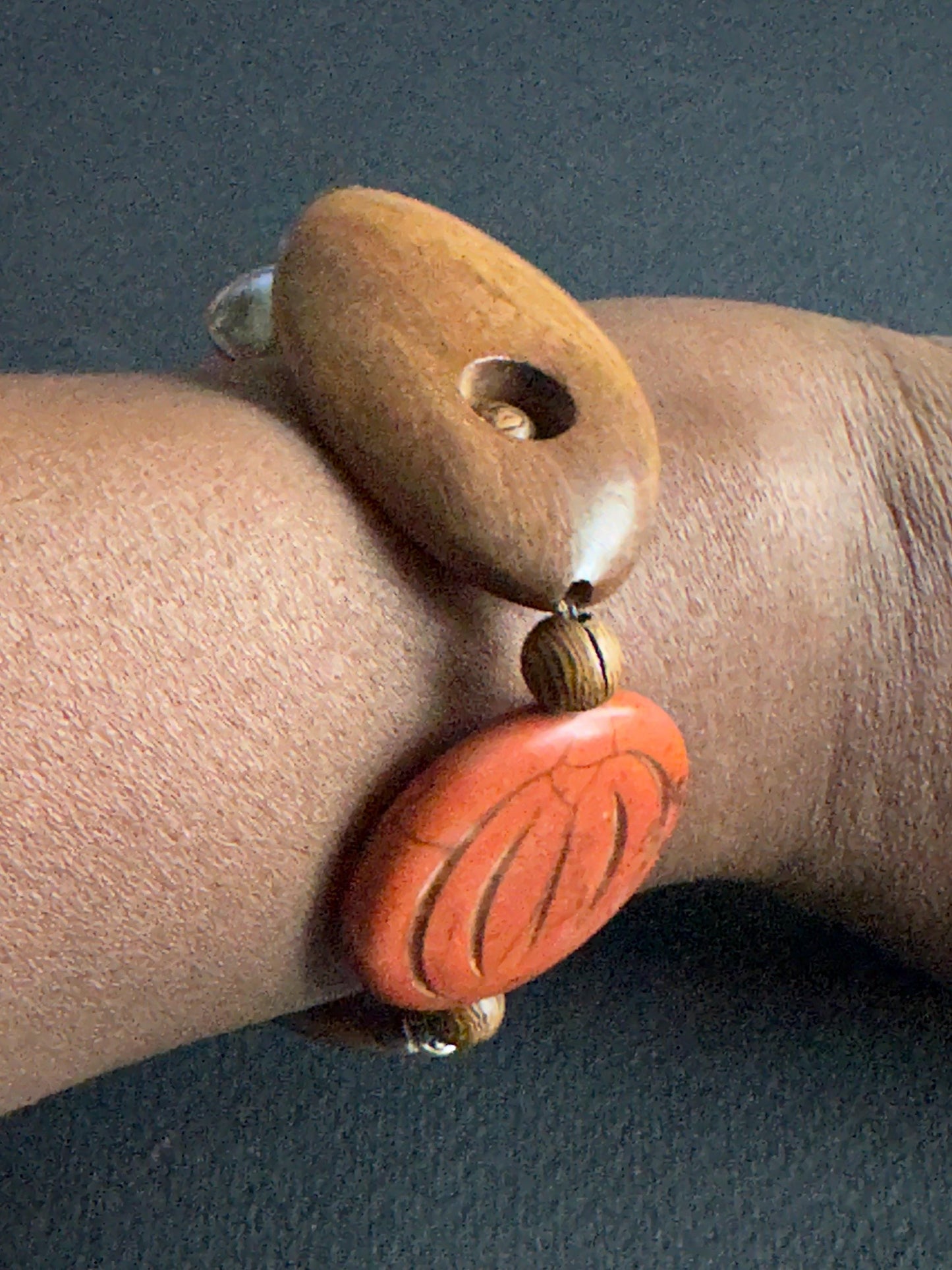 Tan and Orange Wood and Ceramic 7.5 inch Fall OOAK Bracelet