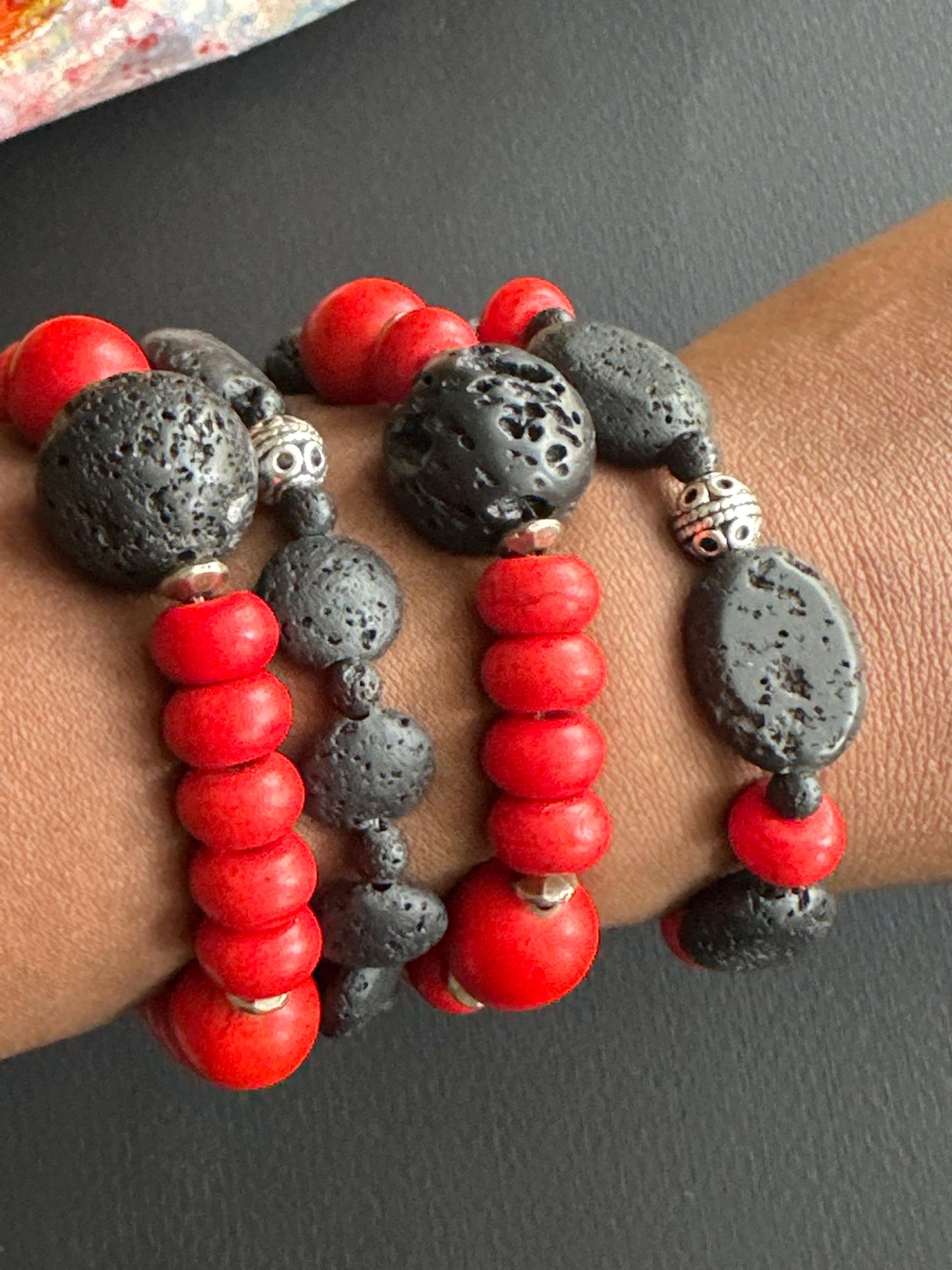 Red and Black Lava Stone and Ceramic Single or Stack Unisex Bracelets