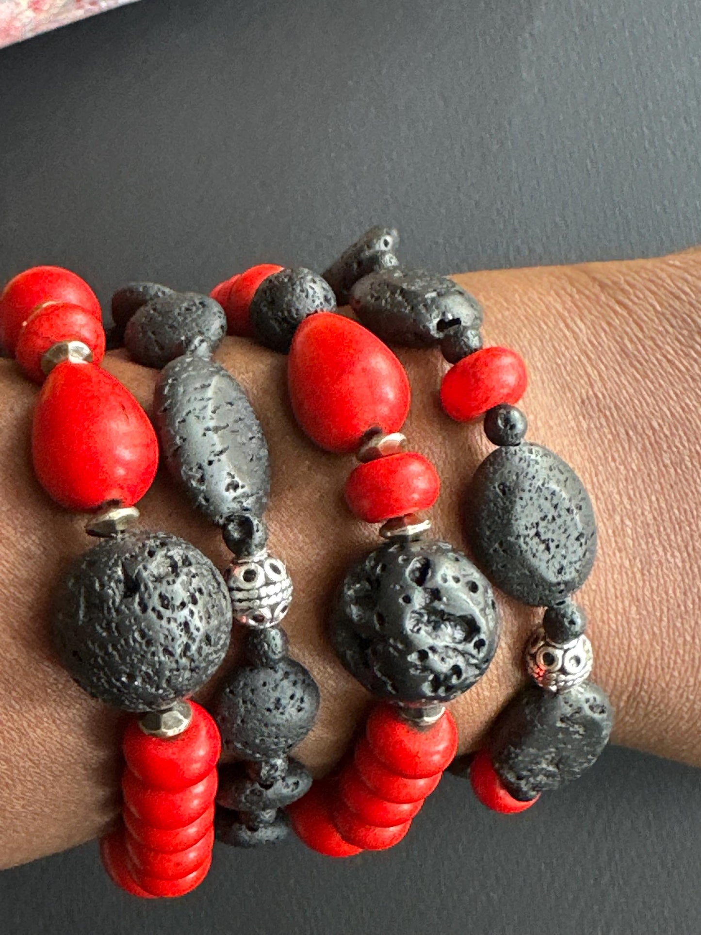 Red and Black Lava Stone and Ceramic Single or Stack Unisex Bracelets