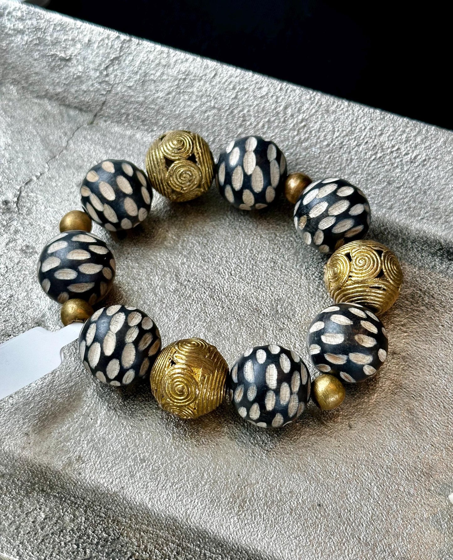 Black and Cream Carved Philippine Wood Beads with Brass Filigree Beads