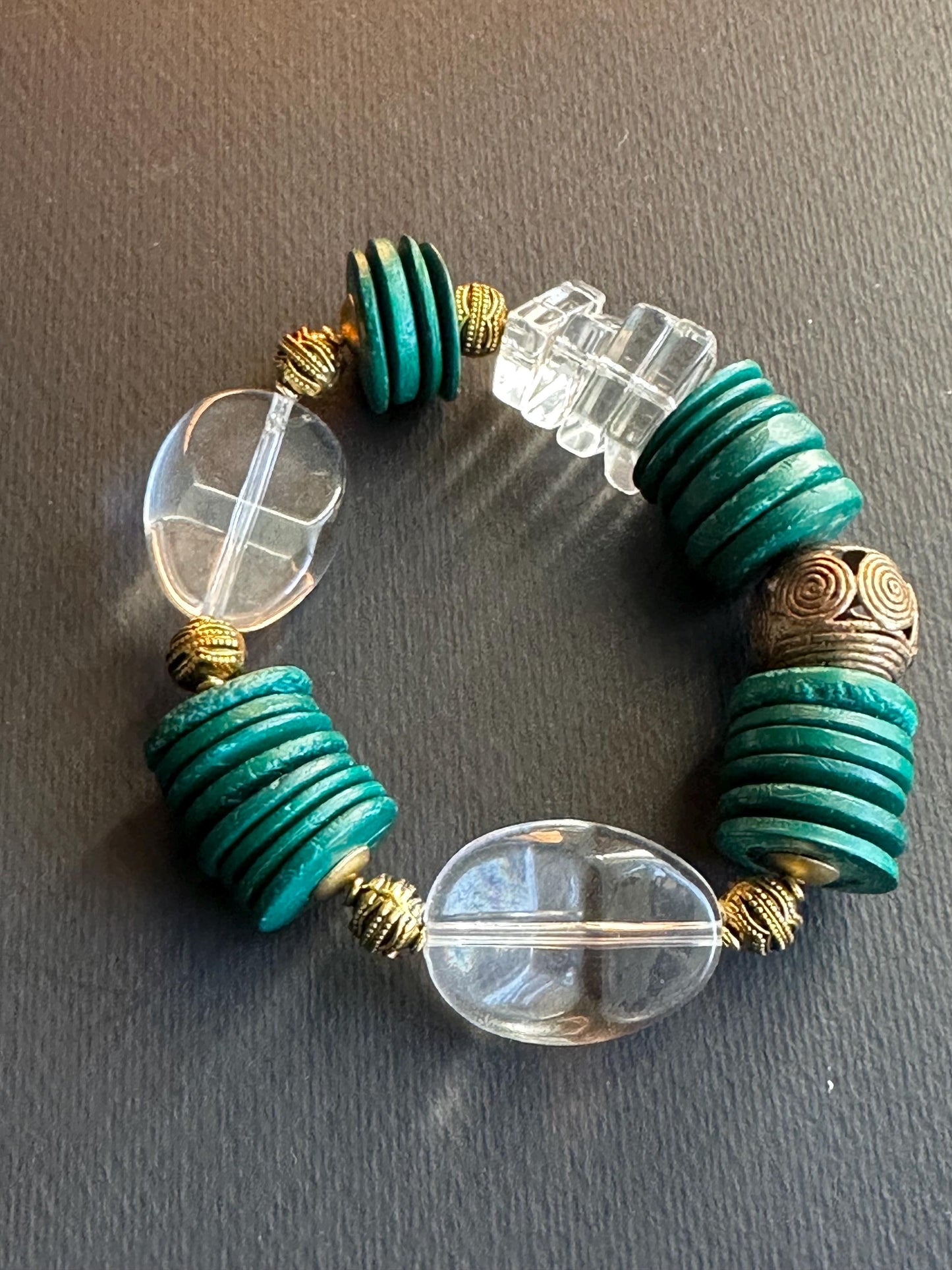 Green Gold and Bold Mixed Shaped Wood Brass and Glass Bracelet