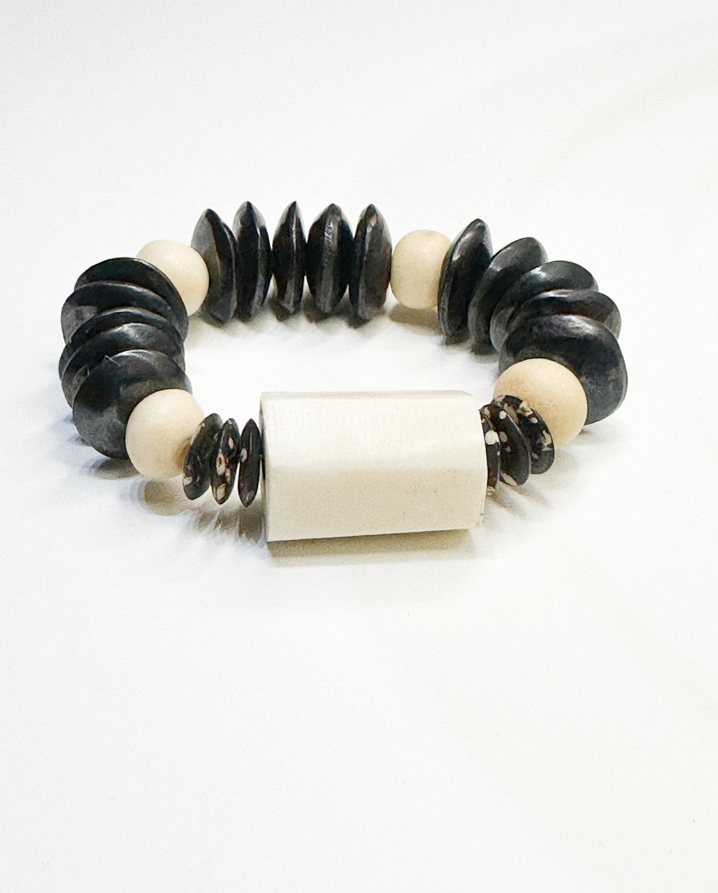 Crème Barrel Bone Focal Beas With Wood Bone Saucer Bone and Rondelle Beads OOAK