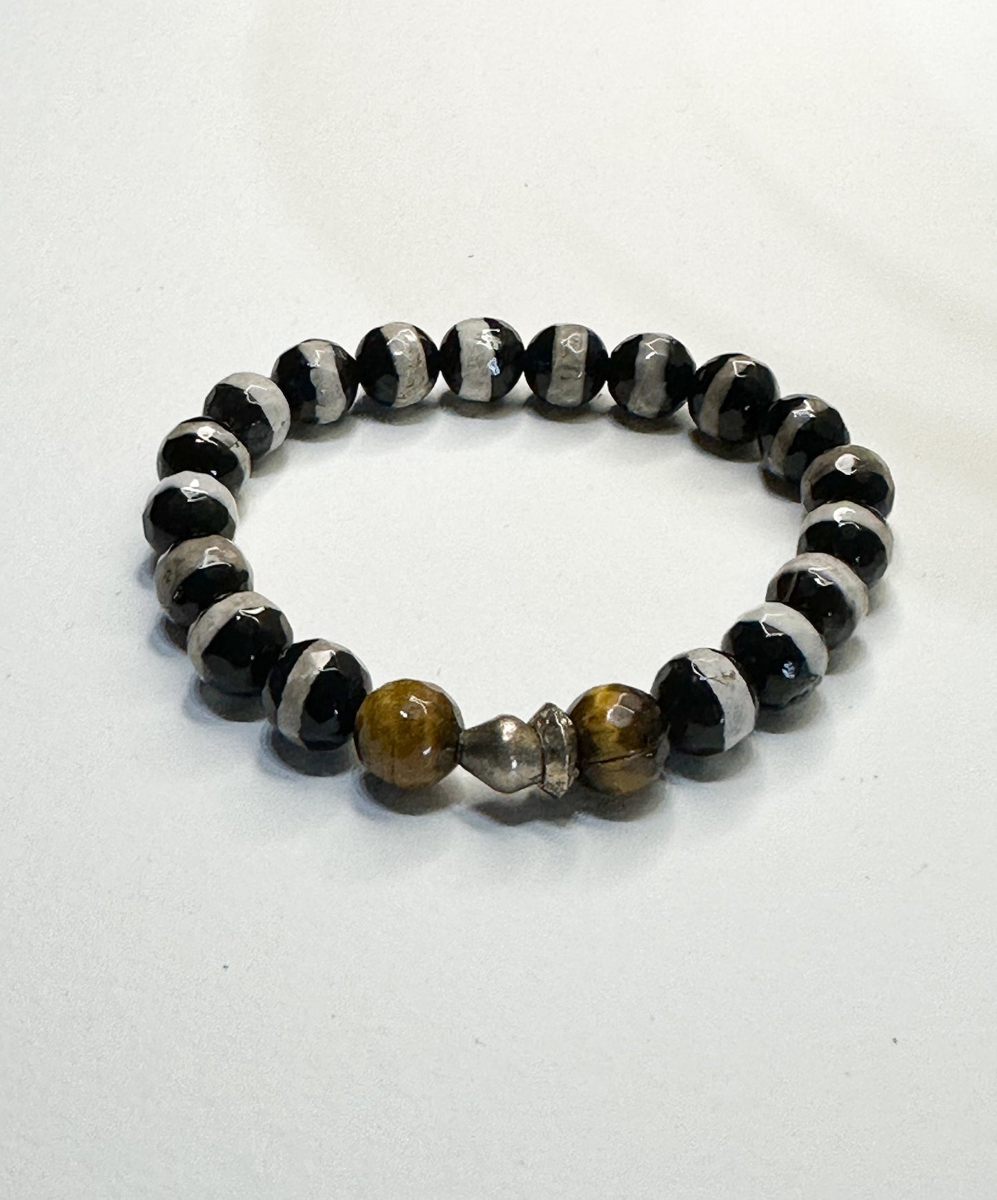 Unisex Black and White Agate with Tiger’s Eye and Ethiopian Silver Accent Beads for Women and Men