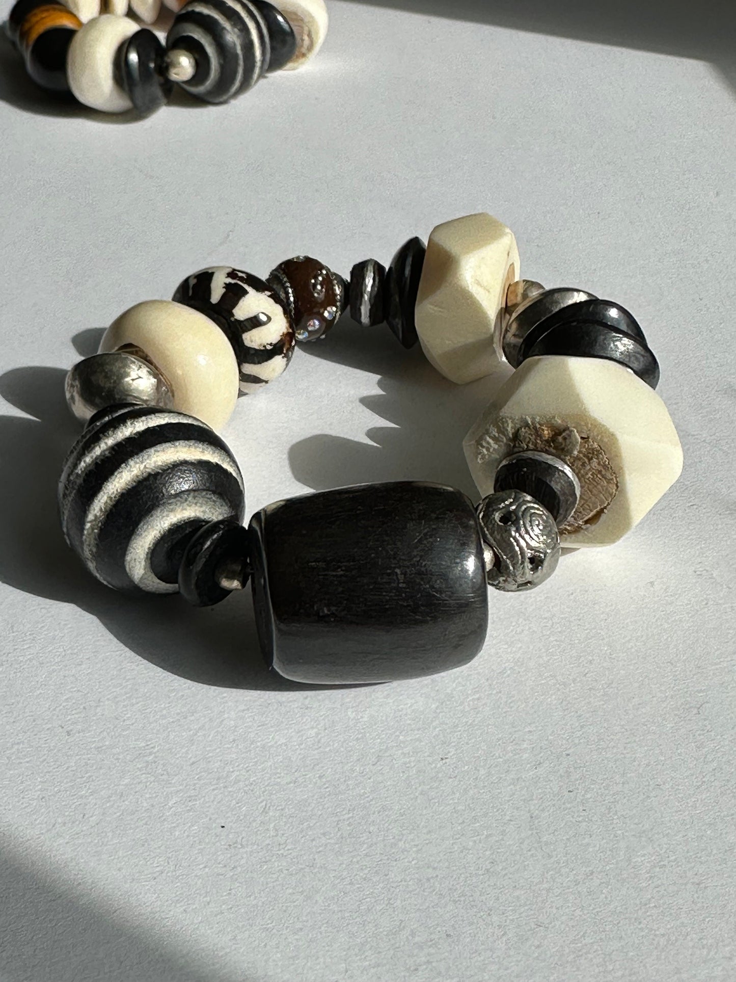 Large Batik Barrel Bone Focal Beaded Bracelet with Wood Saucer Round Faceted and Sauce White Bone Beaded Bracelet