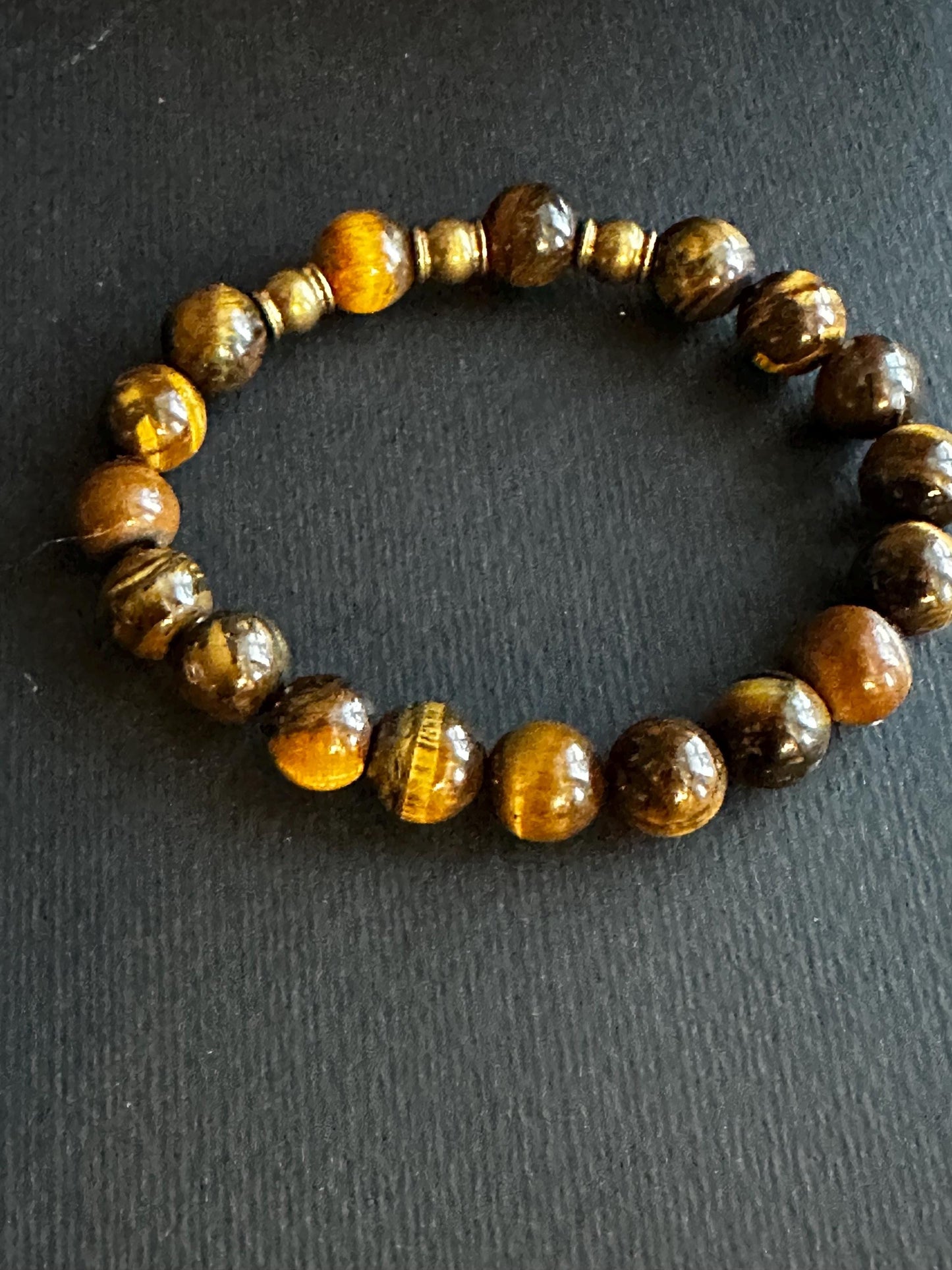 Earthy Roots- A blend of Tiger’s Eye and Jasper Bracelets with Tribal Inlaid Brass Focal Bead