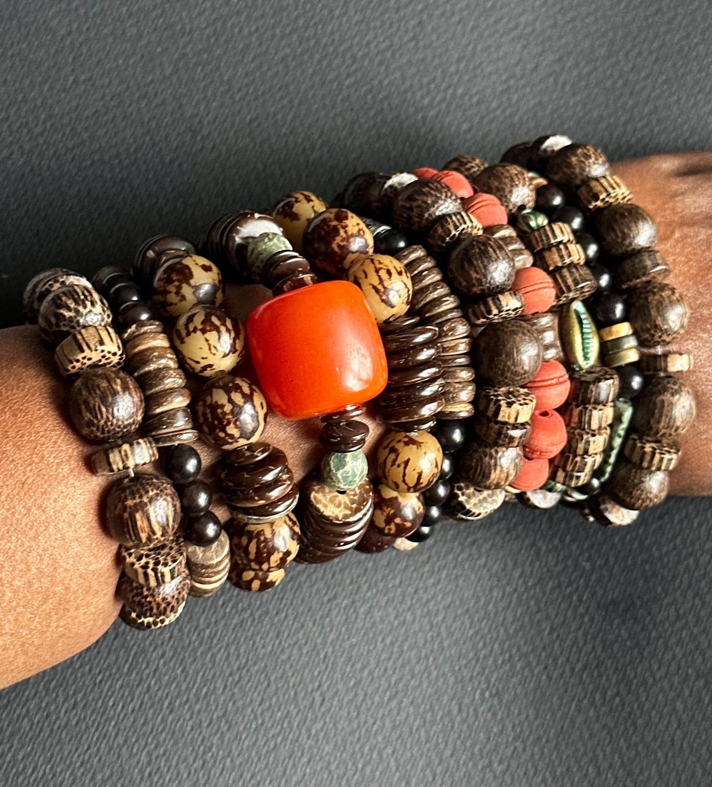Earthy Boho Bracelet Stack ā Wood, Bone & Mixed Bead Set