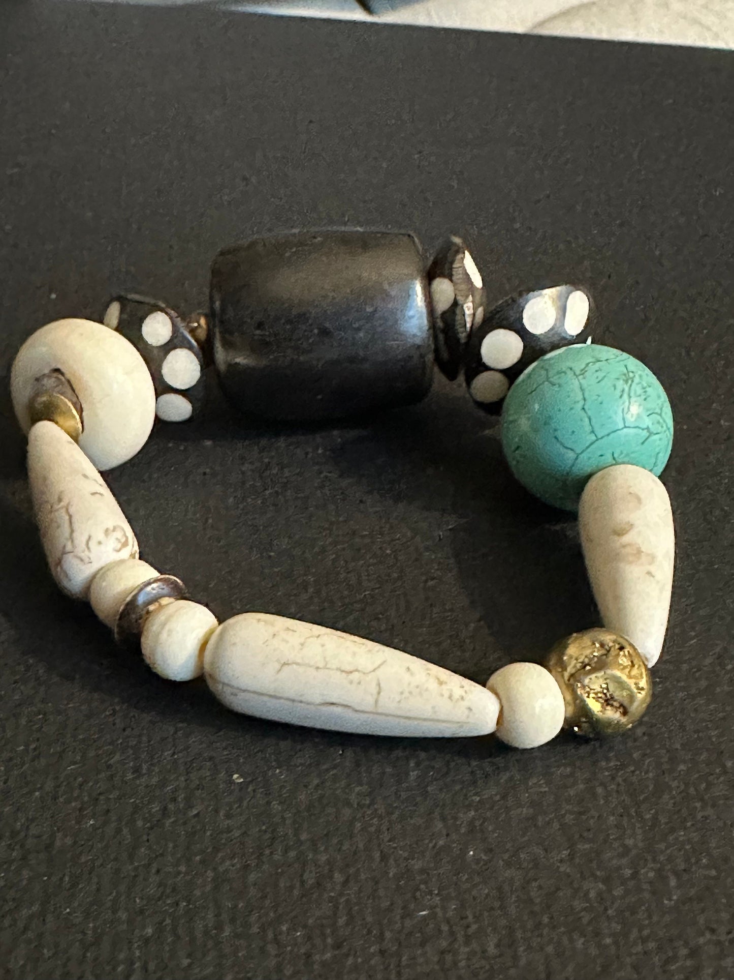 Turquoise Colored Brown and Cream Large Chunky Beaded Bracelet