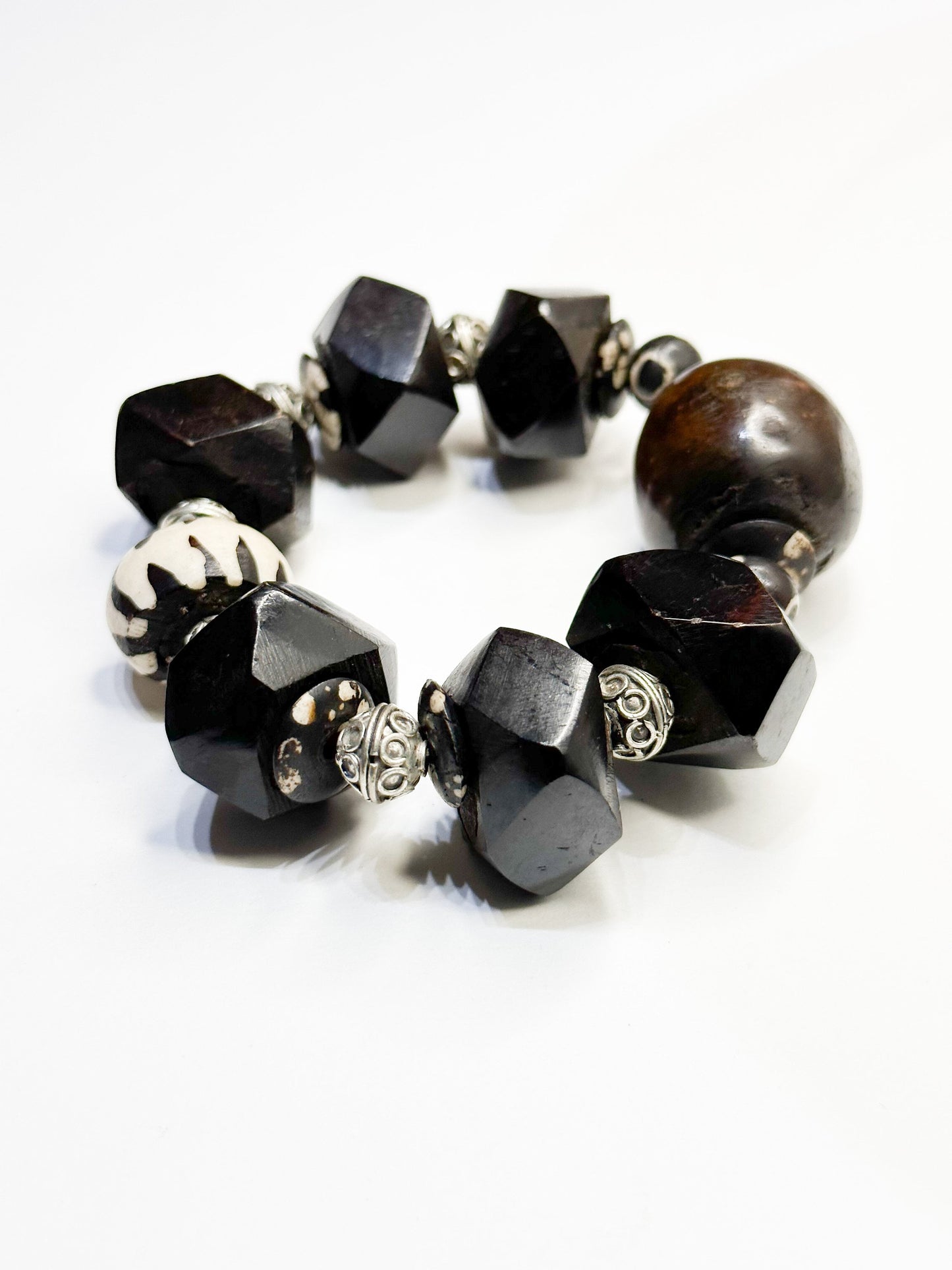 Faceted Wood Unisex Tribal Bracelet with Brown and Silver Berber Accent Beads