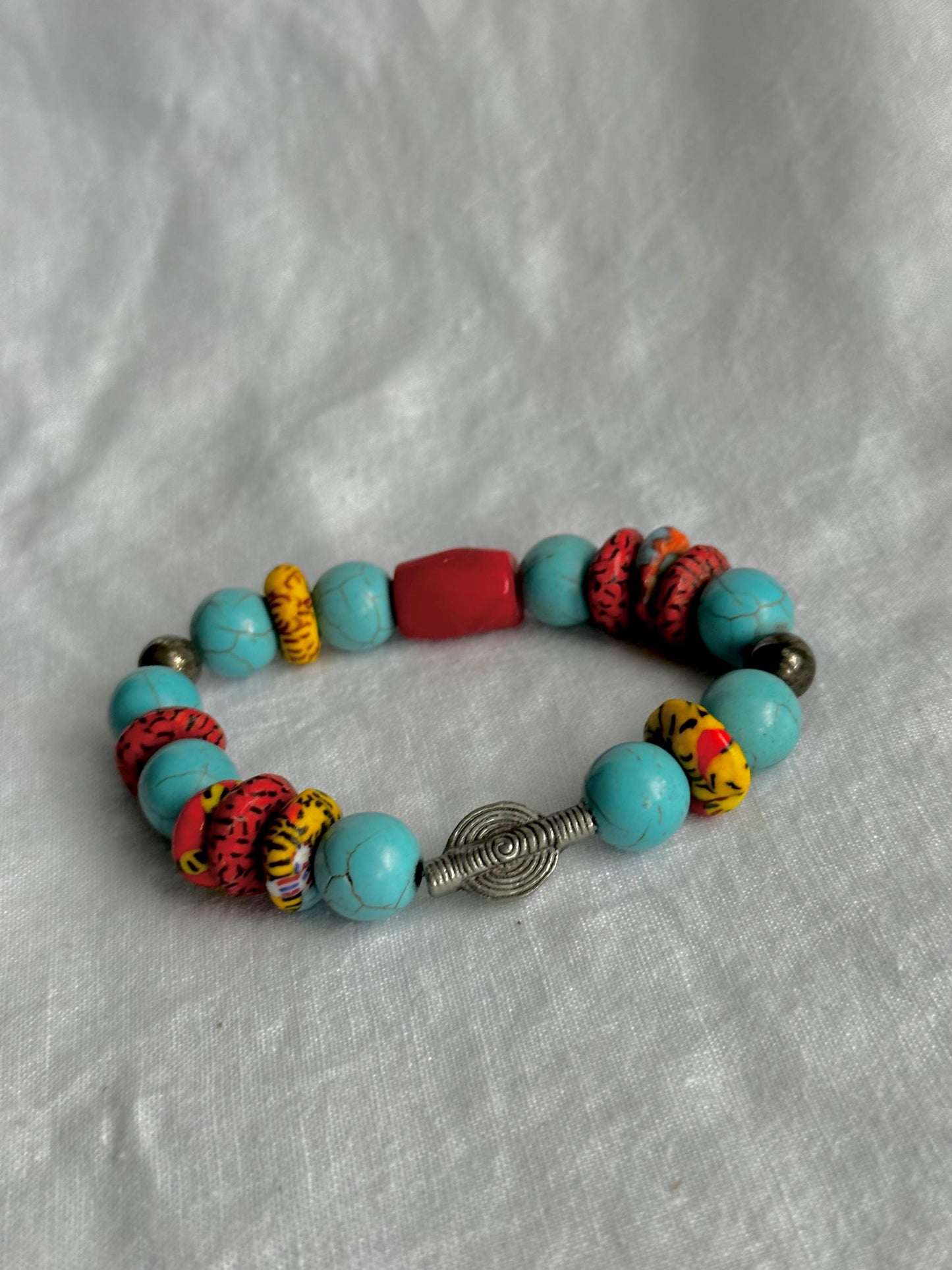 Turquoise Howlite Bracelet: Recycled African Glass & Silver Sundial - Boho Unisex
