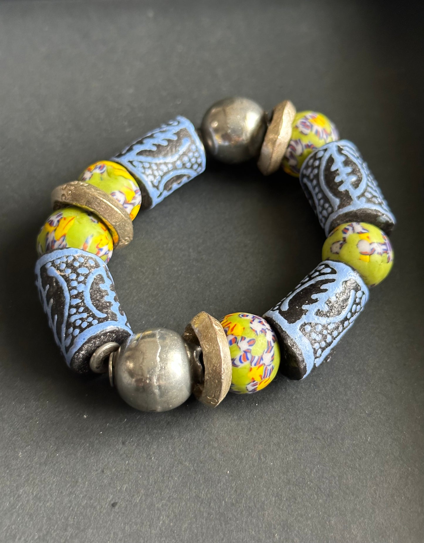 African Trade Bead Bracelet | Handcrafted Unisex Ethnic Bracelet | Blue Engraved Tube Beads, Yellow Millefiori Glass, Rustic Metal Accents |