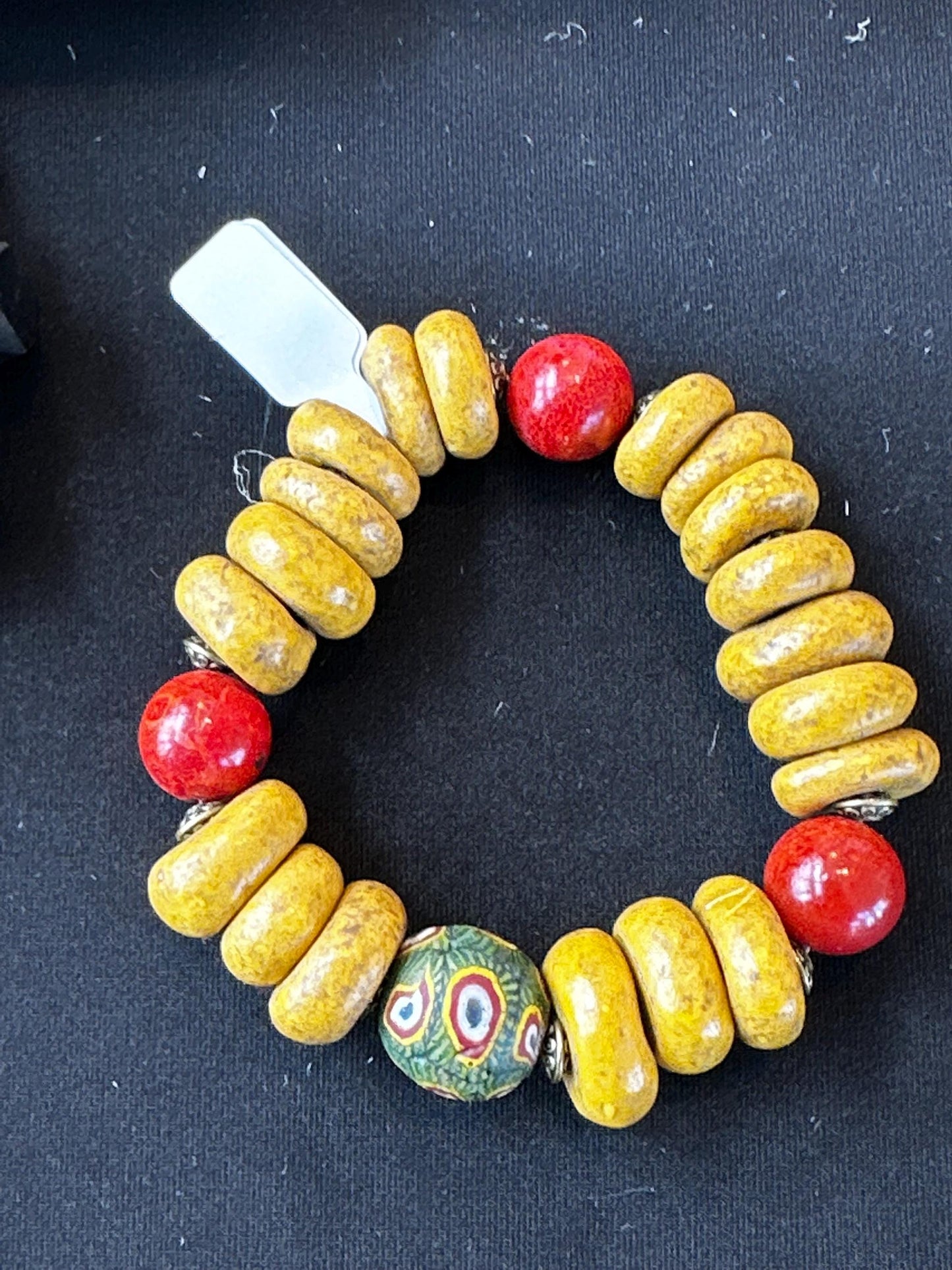 Mustard Gold and Red Clay, Ceramic and Java Beaded Bracelet