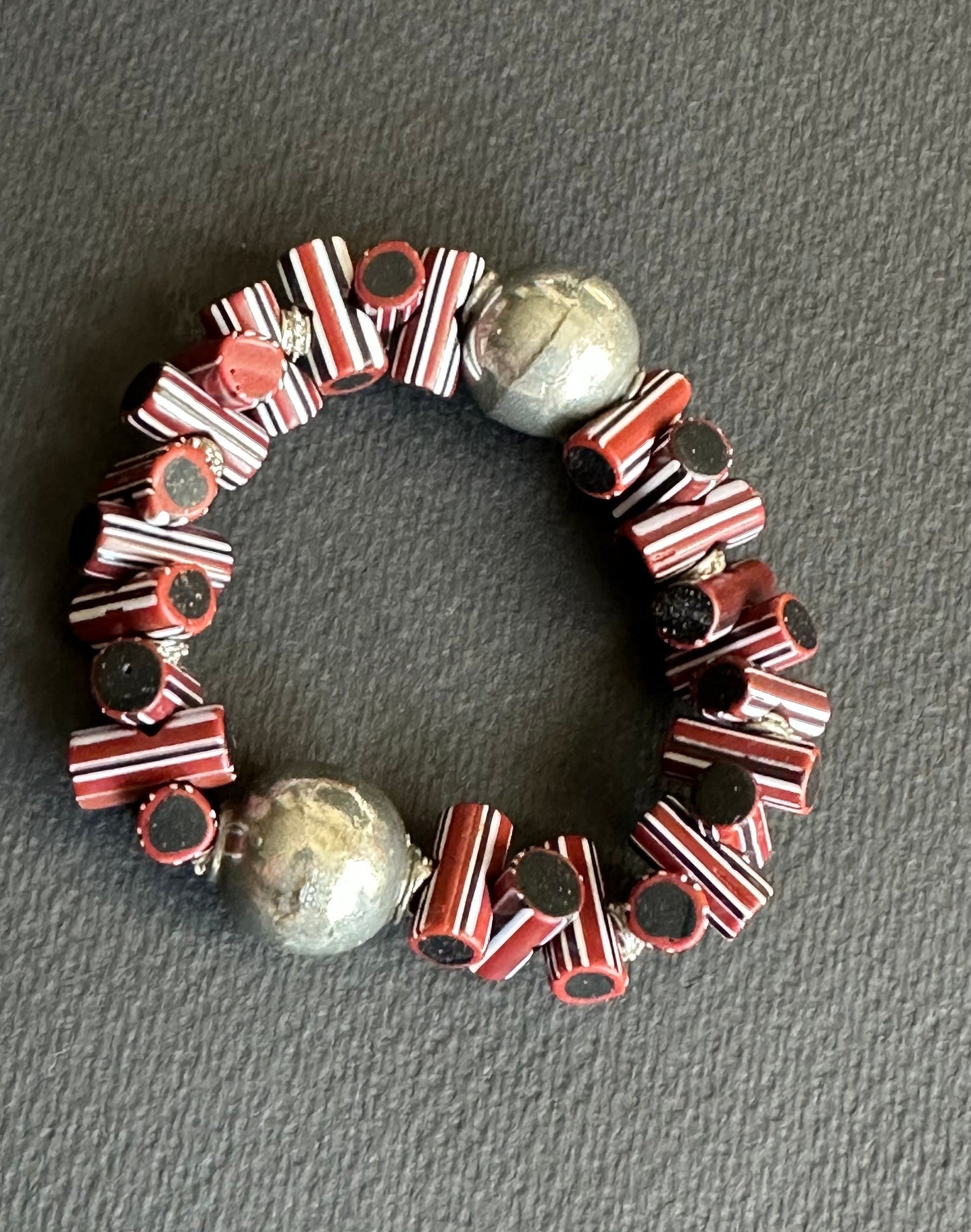 Black Wood Beaded Bracelet with Striped Java Beads