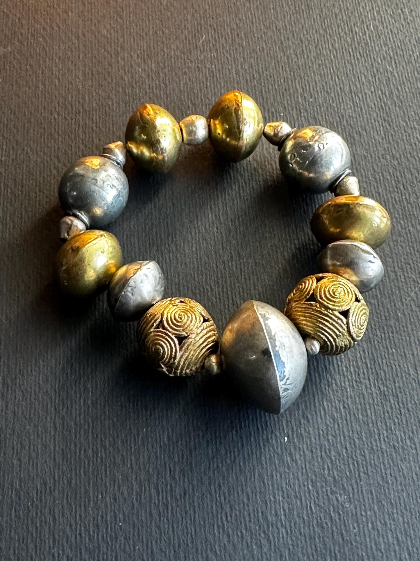 Mixed Metal Silver Bicone and Brass Filigree Beaded Bracelet #UnisexJewelry