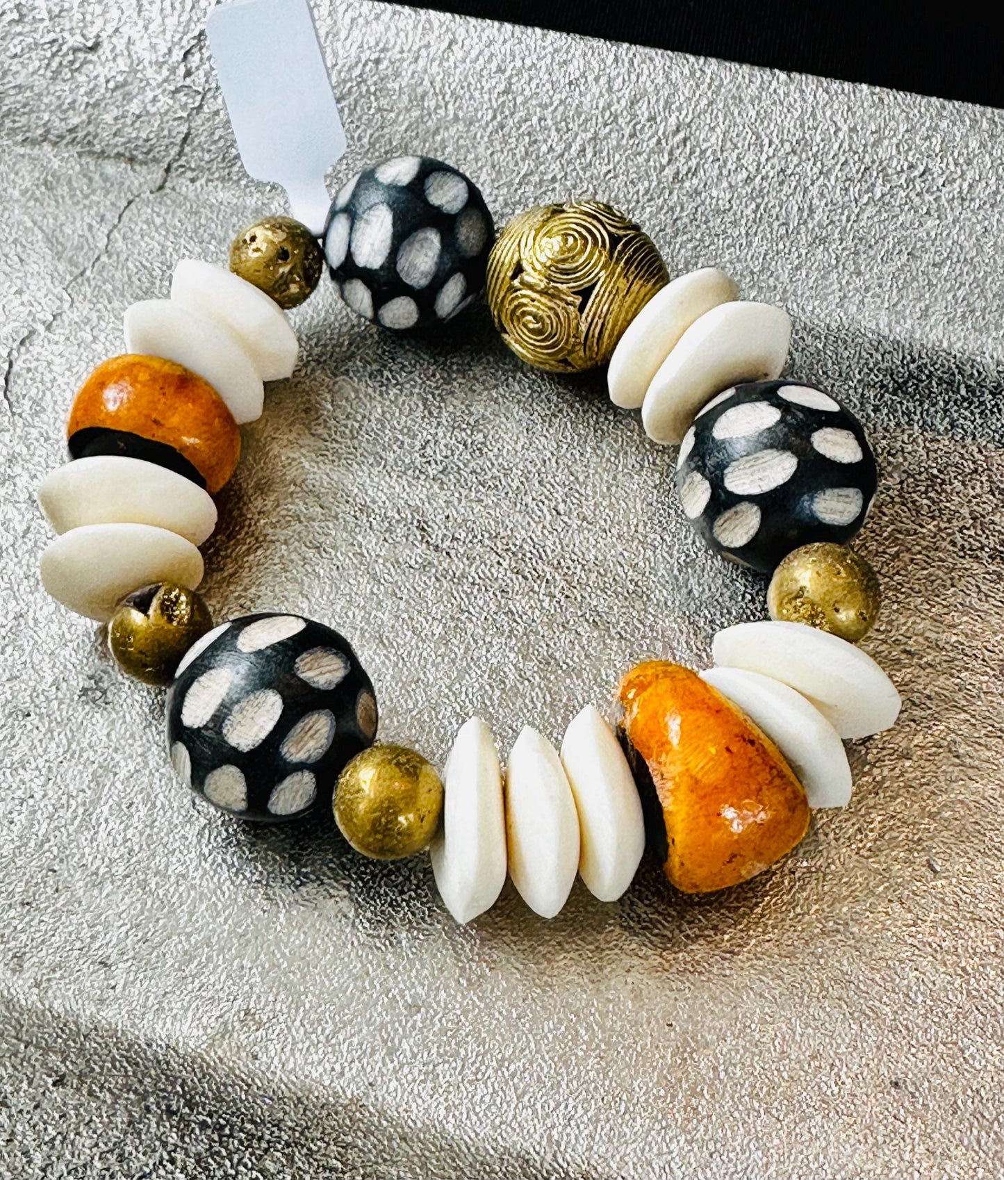 Black and Cream Carved Philippine Wood Beads with Saucer Bone, Moroccan and Brass Filigree Beads