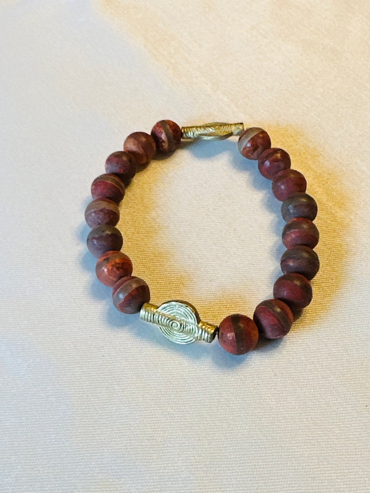 Tibetan Agate with Sundial Focal Beads Unisex Bracelet
