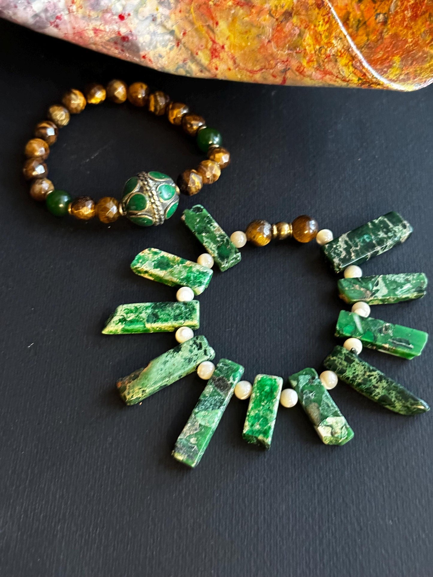 Earthy Roots- A blend of Tiger’s Eye and Jasper Bracelets with Tribal Inlaid Brass Focal Bead