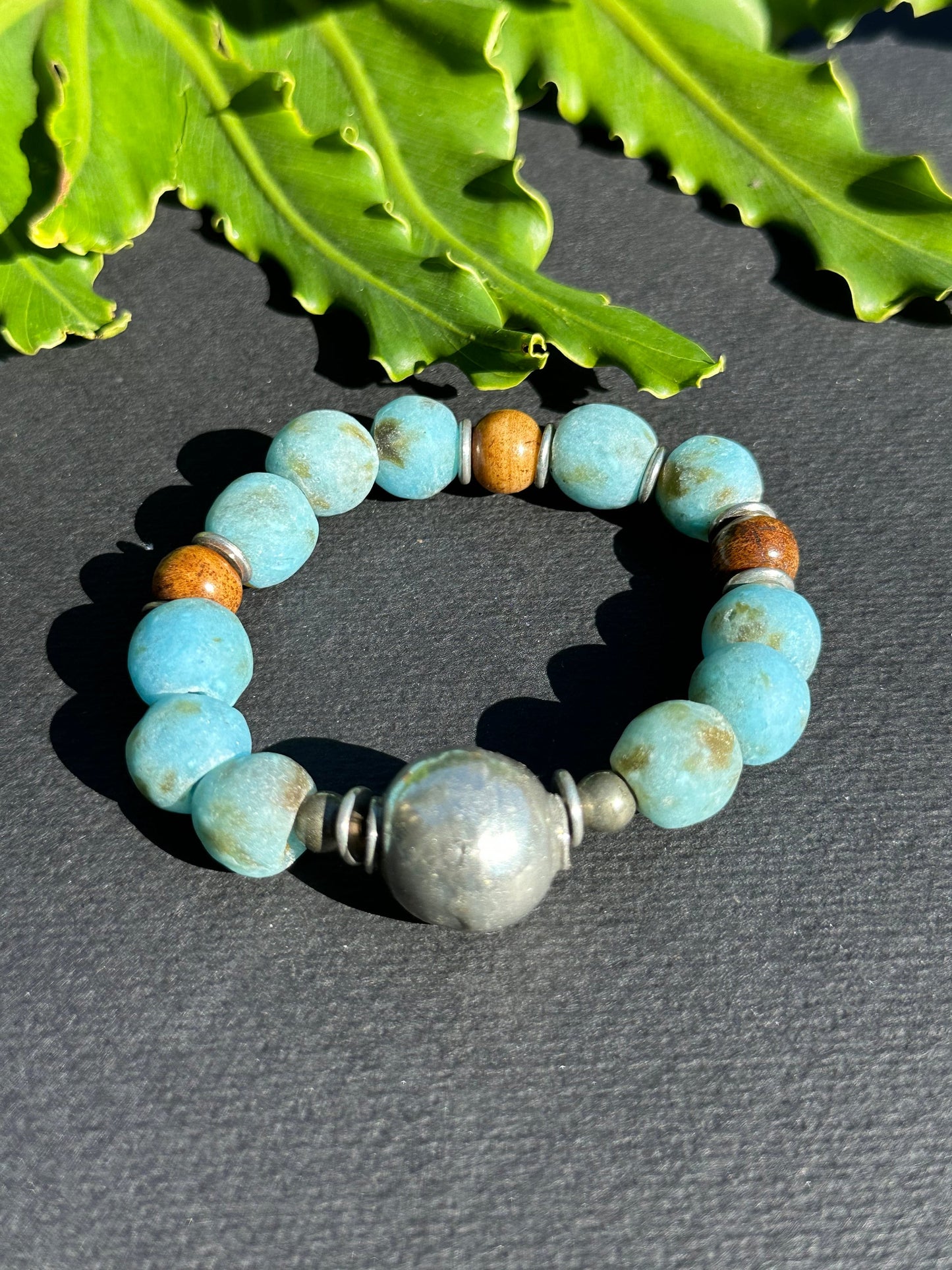 Vintage Turquoise Colored Recycled Glass and Brown Wood Bracelet