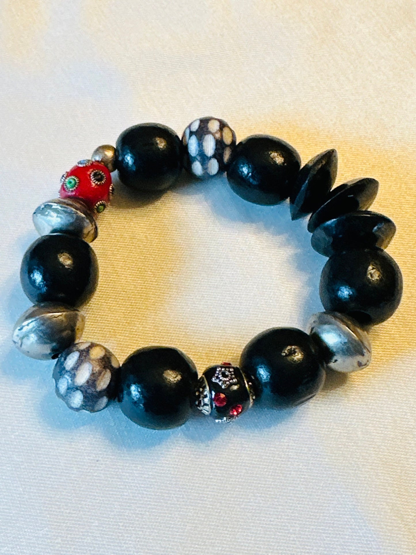 Black Wood and Silver Beaded Bracelet with Philippine Wood Beads with Petite Ceramic Accent Beads