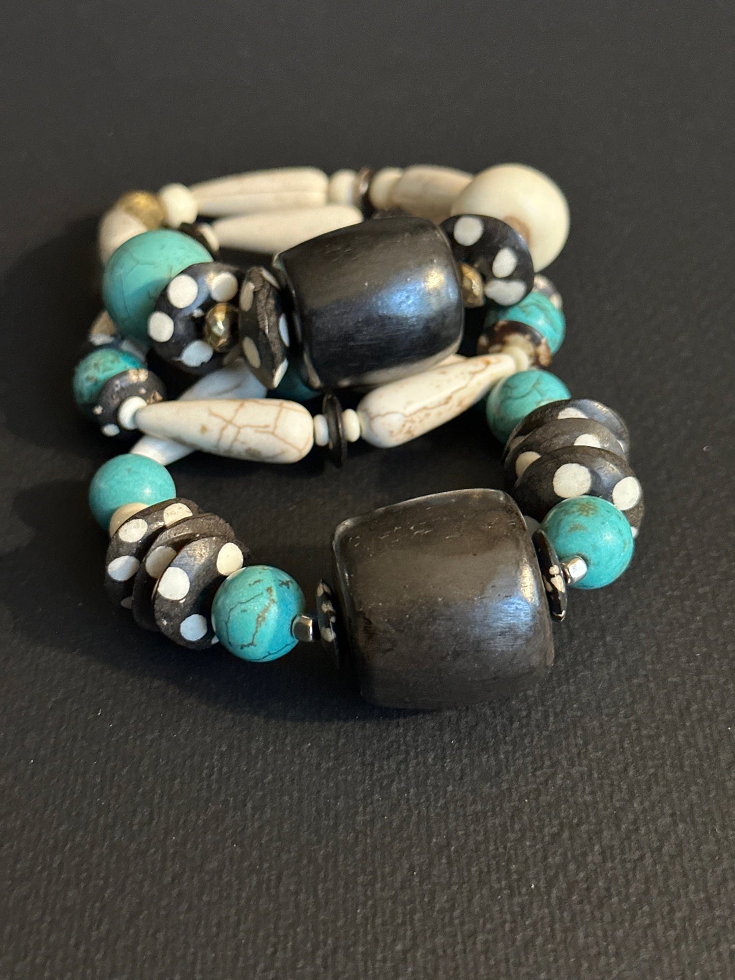 Turquoise Colored Brown and Cream Large Chunky Beaded Bracelet