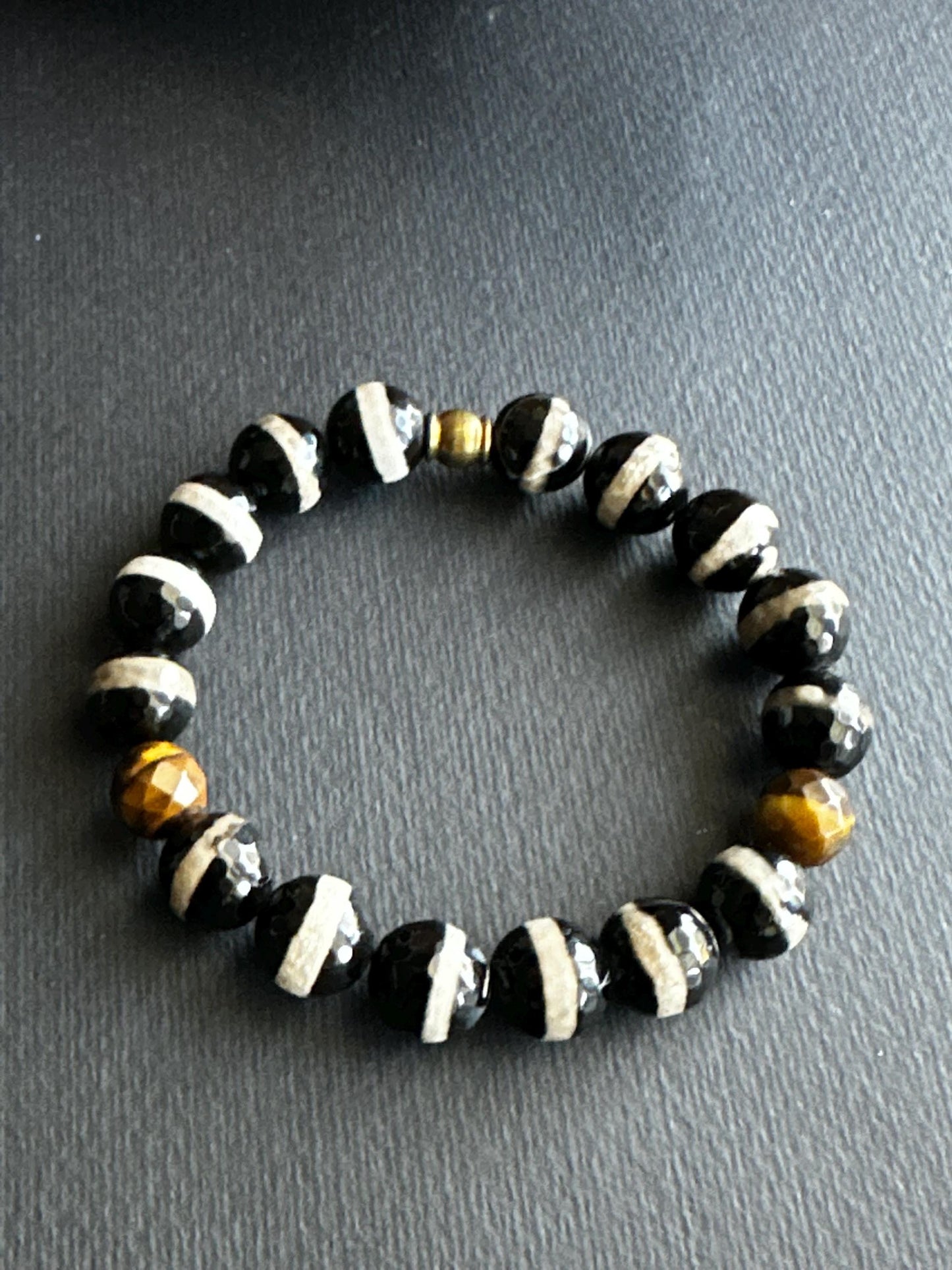 A Blend of Gems Black, Green, Brown and Cream Unisex Beaded Bracelet