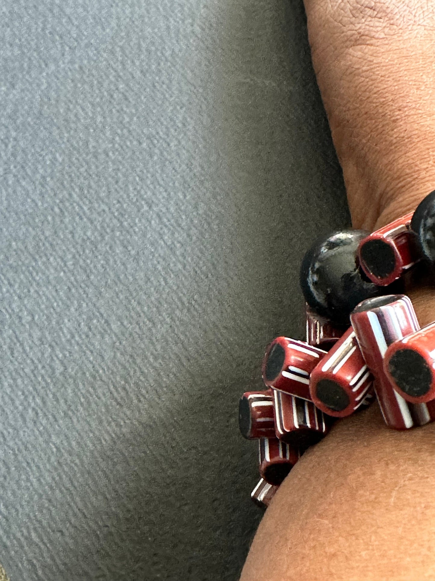 Black Wood Beaded Bracelet with Striped Java Beads