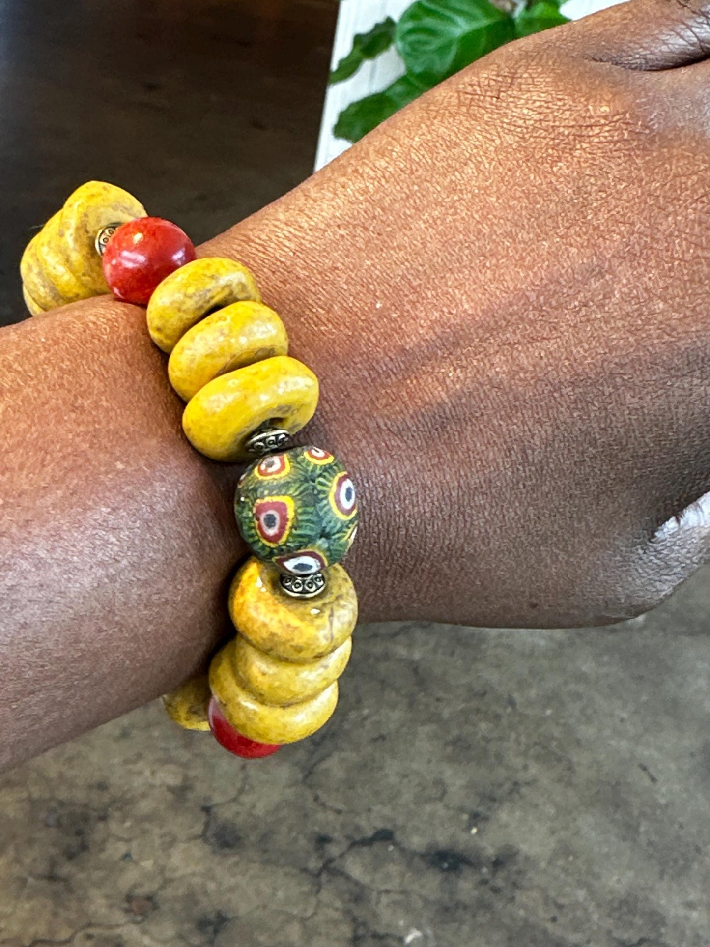 Mustard Gold and Red Clay, Ceramic and Java Beaded Bracelet