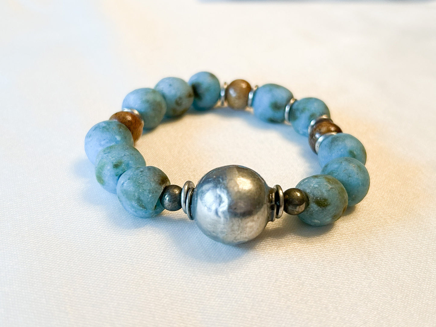 Vintage Turquoise Colored Recycled Glass and Brown Wood Bracelet