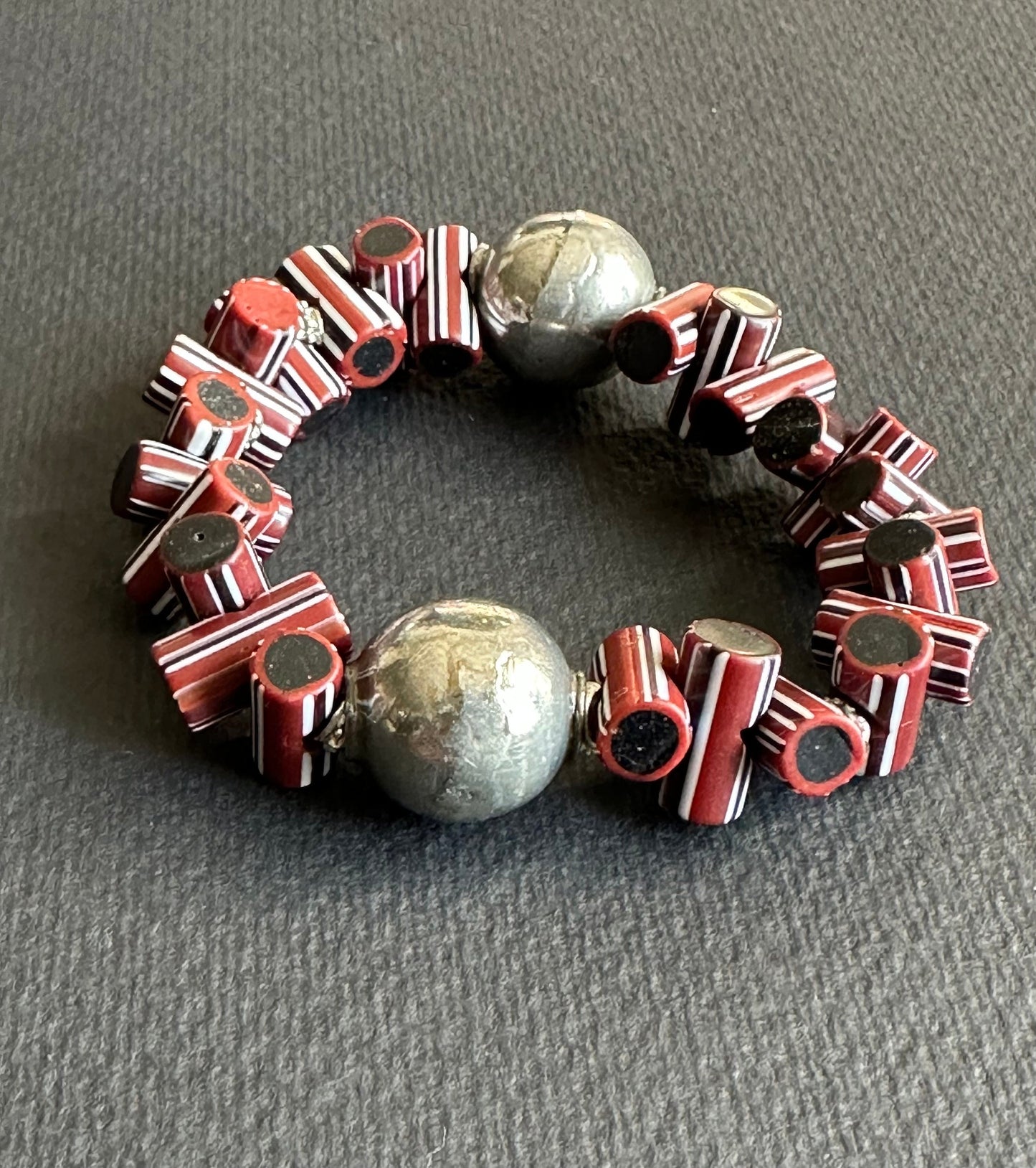 Black Wood Beaded Bracelet with Striped Java Beads