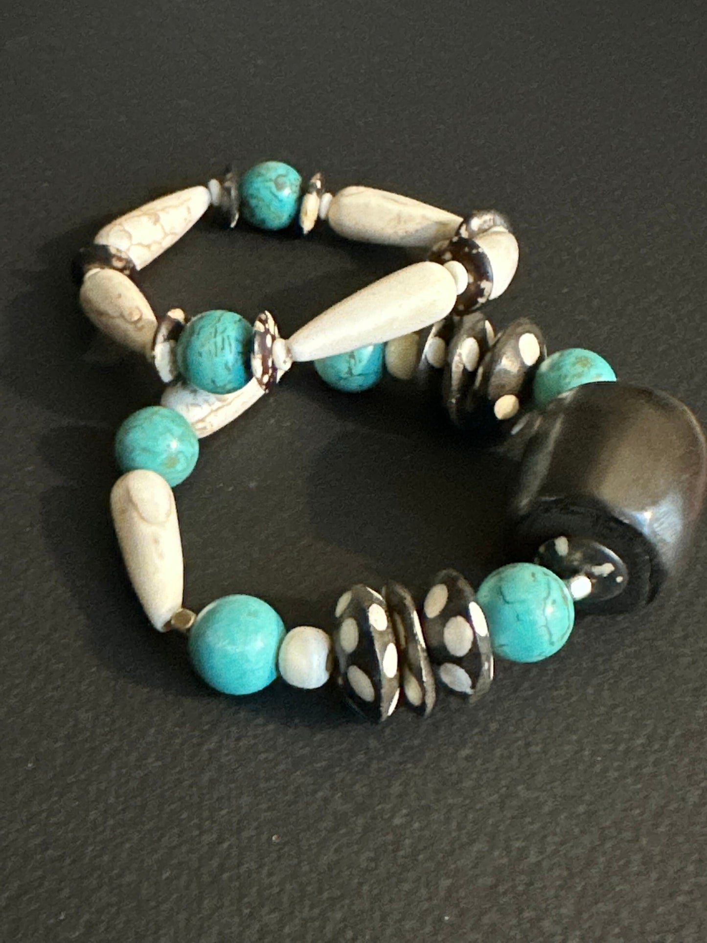 Turquoise Colored Brown and Cream Large Chunky Beaded Bracelet