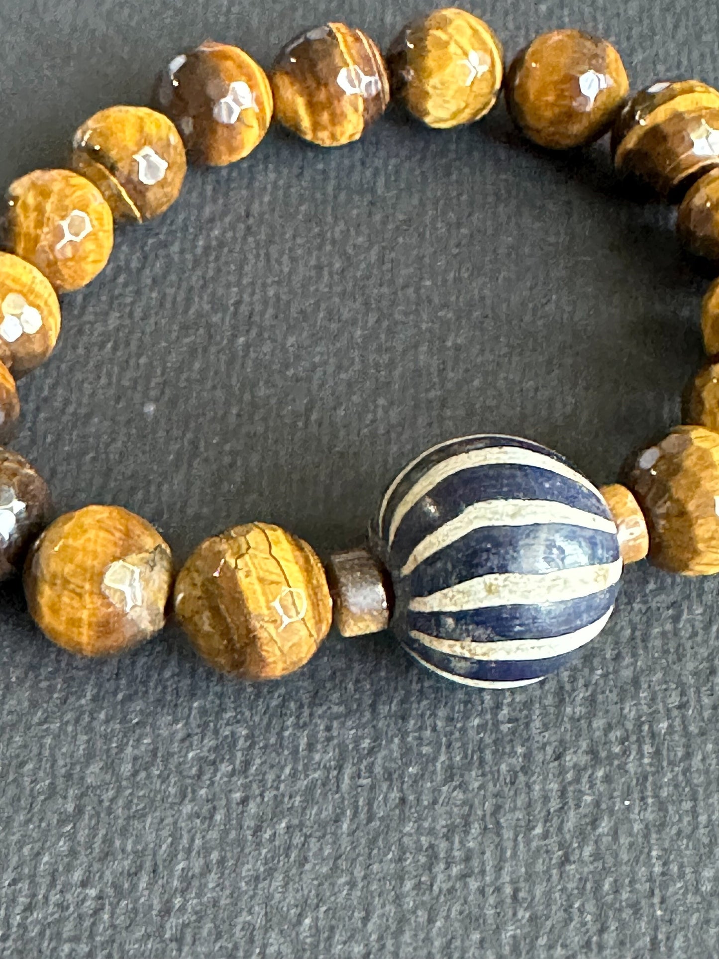 Tiger’s Eye Unisex Bracelet with Navy and White Java Focal Bead