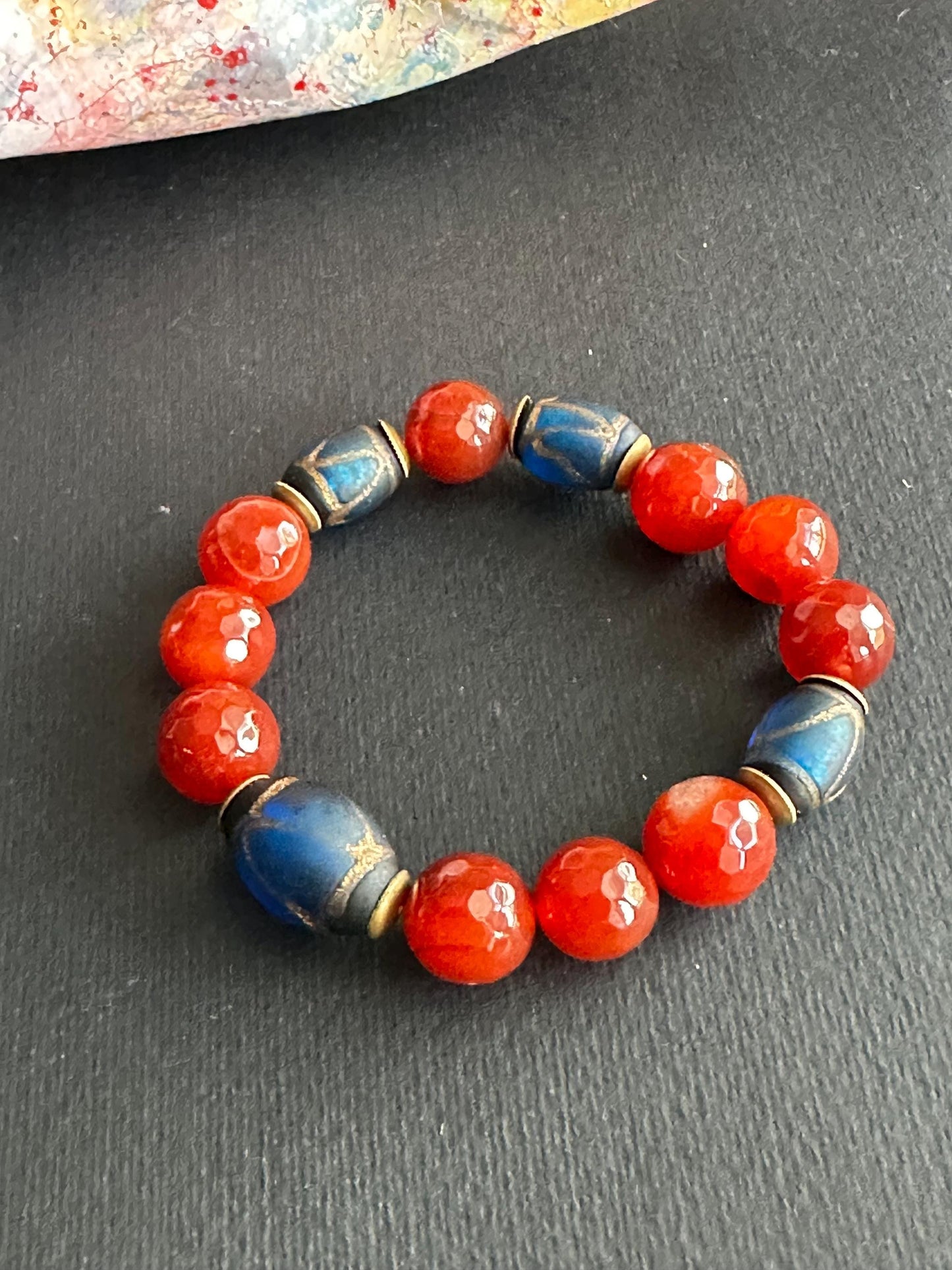 Blue and Orange Gemstone Beaded Bracelet Set