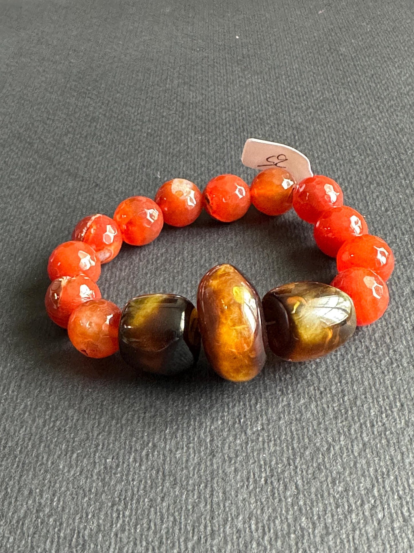 Orange Gemstone and Brown Resin Bracelet Size 7.5