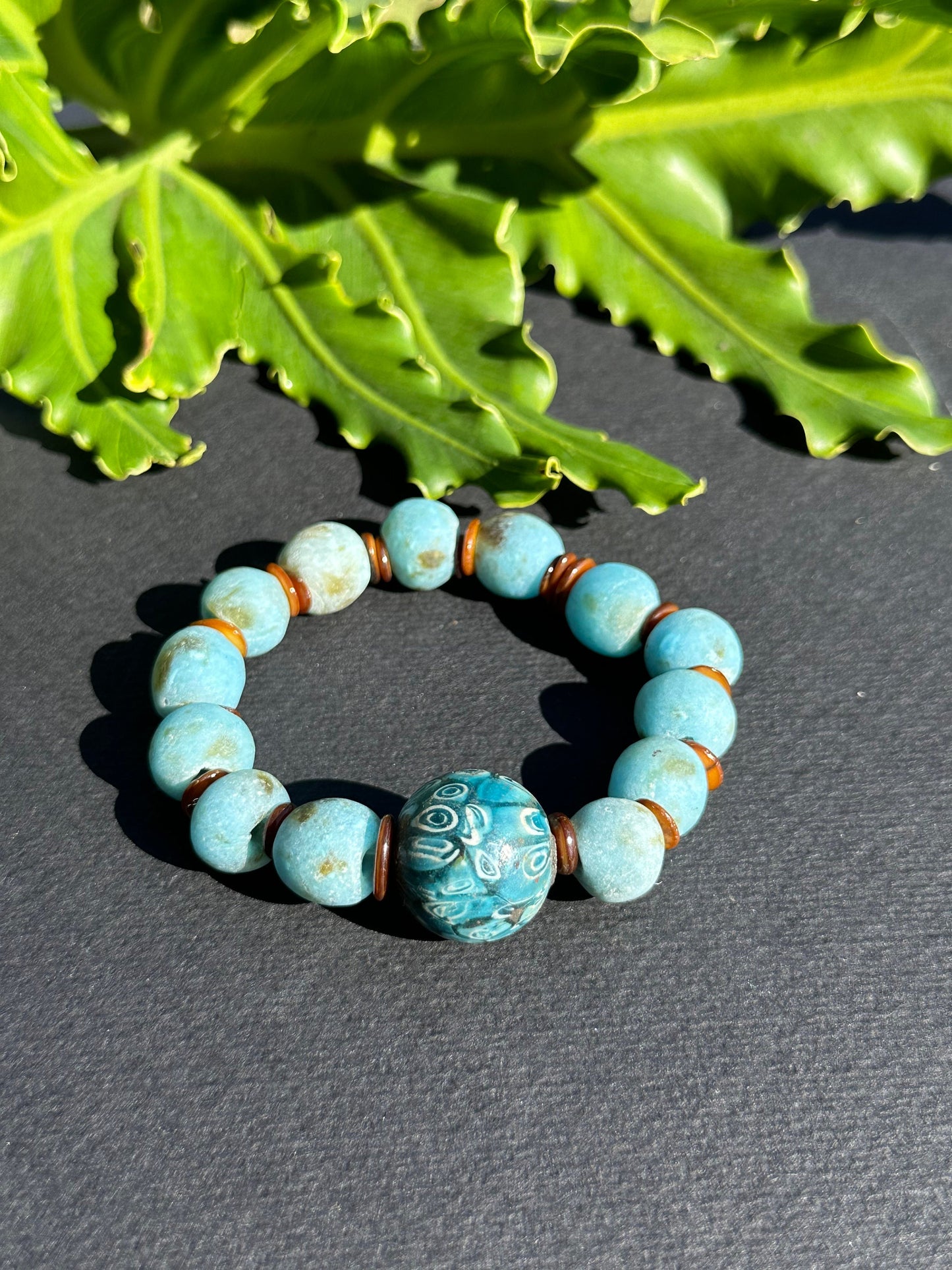 Vintage Turquoise Colored Recycled Glass and Brown Wood Bracelet