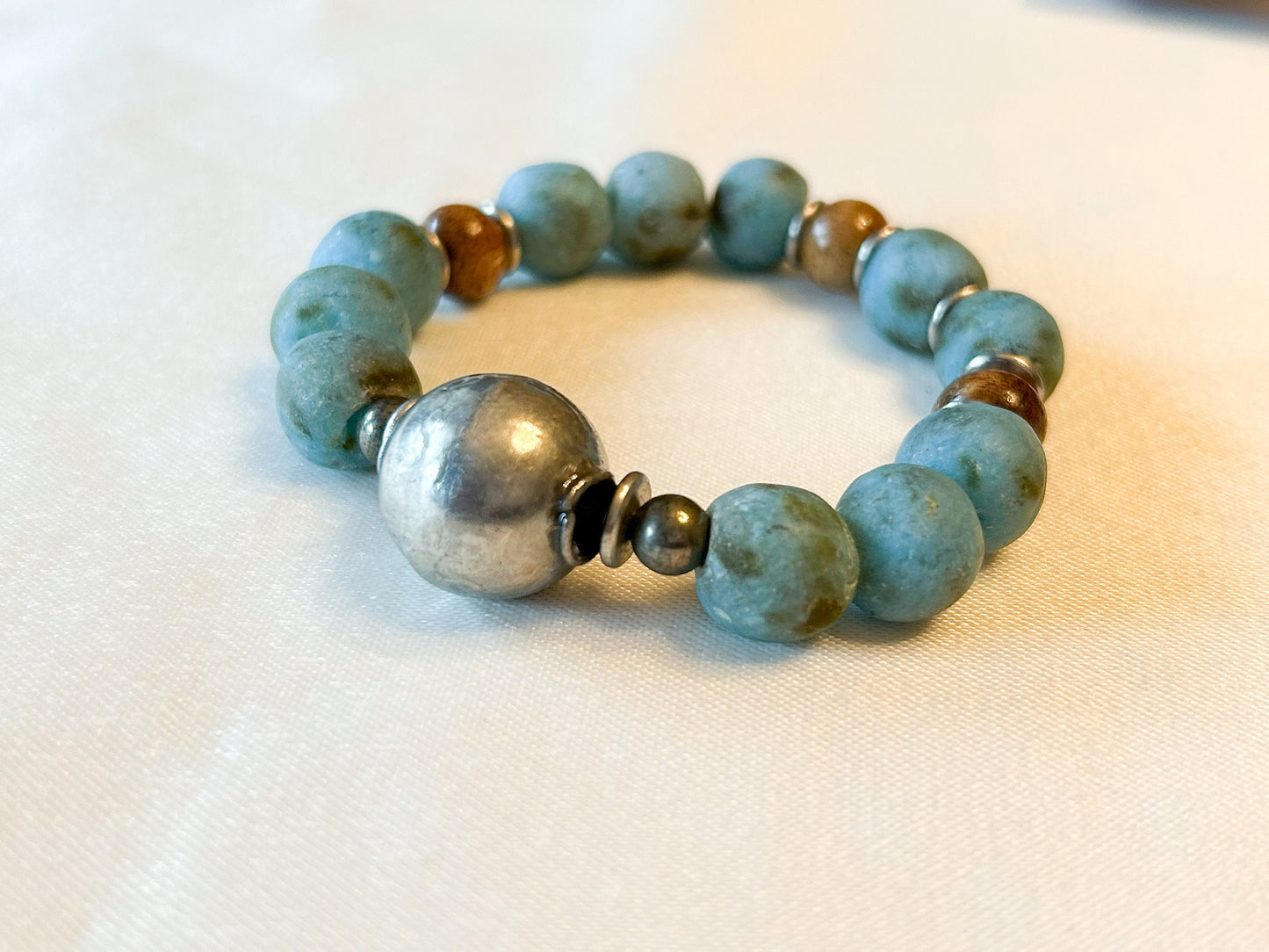 Vintage Turquoise Colored Recycled Glass and Brown Wood Bracelet