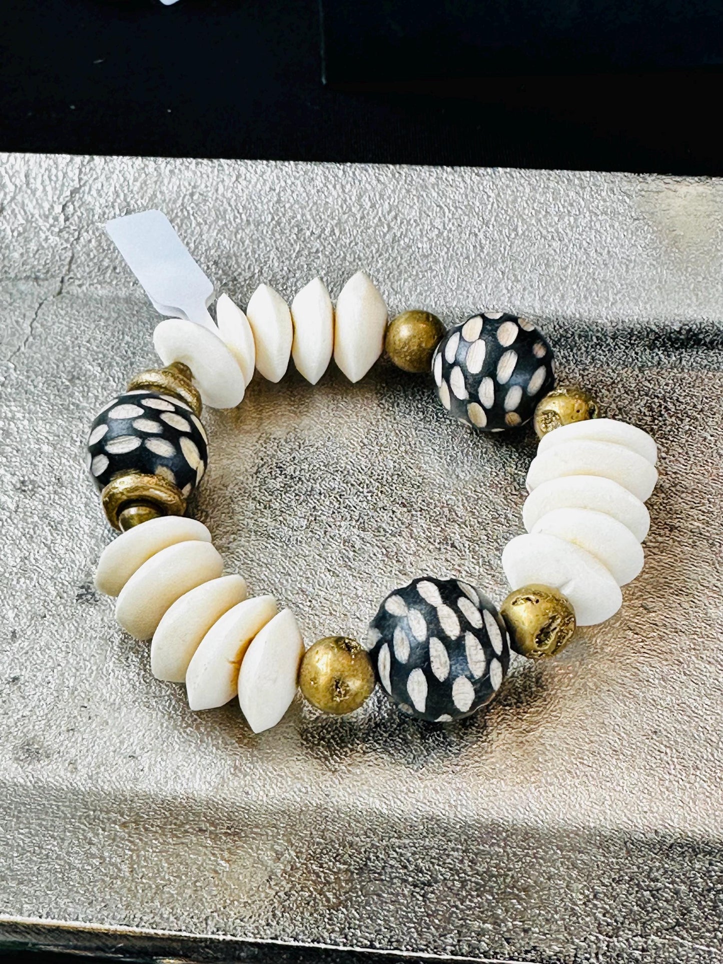 Black and Cream Carved Philippine Wood Beads with Saucer Bone and Brass Filigree Beads